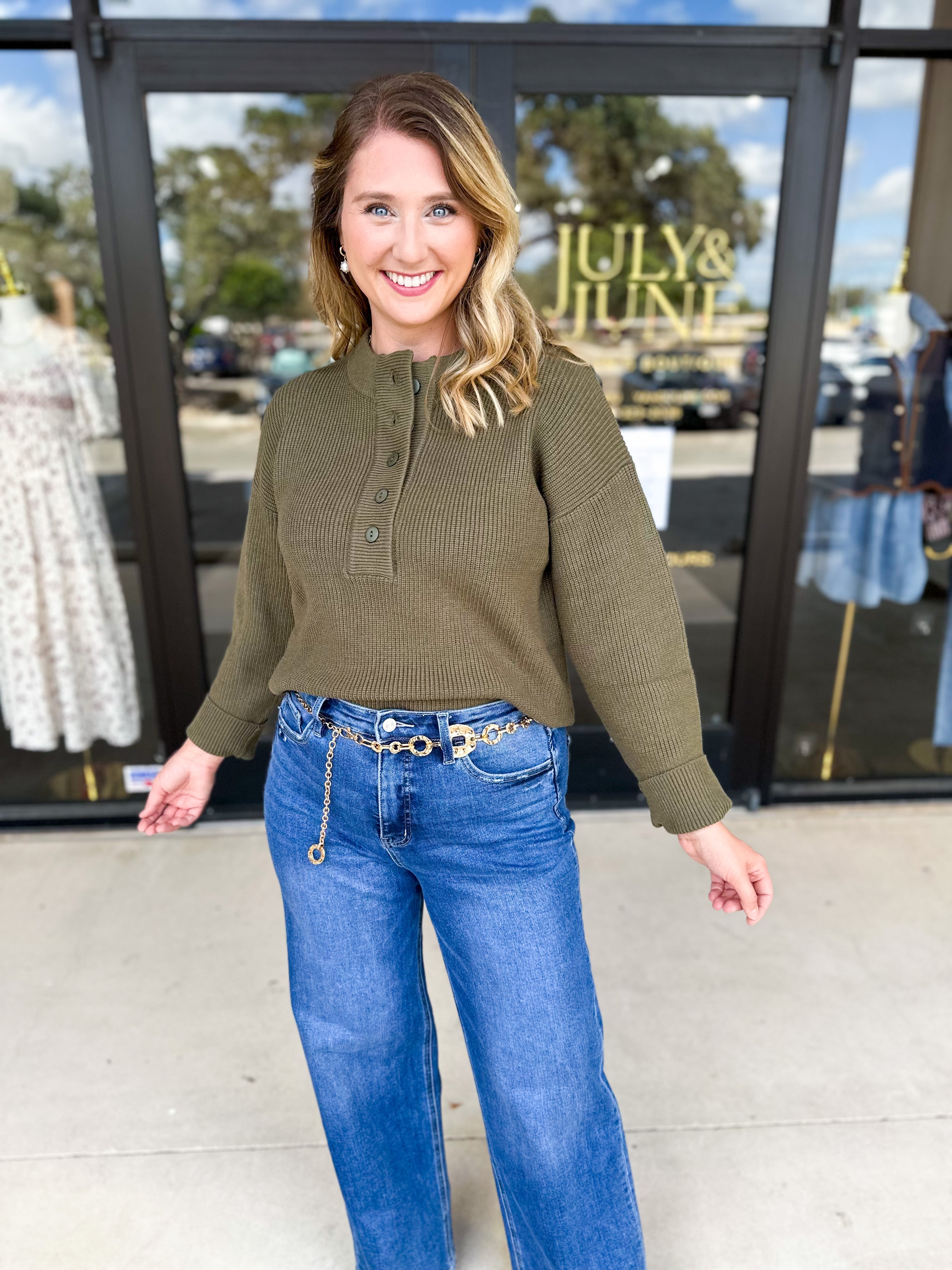 The Everyday Henley Sweater - Olive-230 Sweaters/Cardis-JODIFL-July & June Women's Fashion Boutique Located in San Antonio, Texas