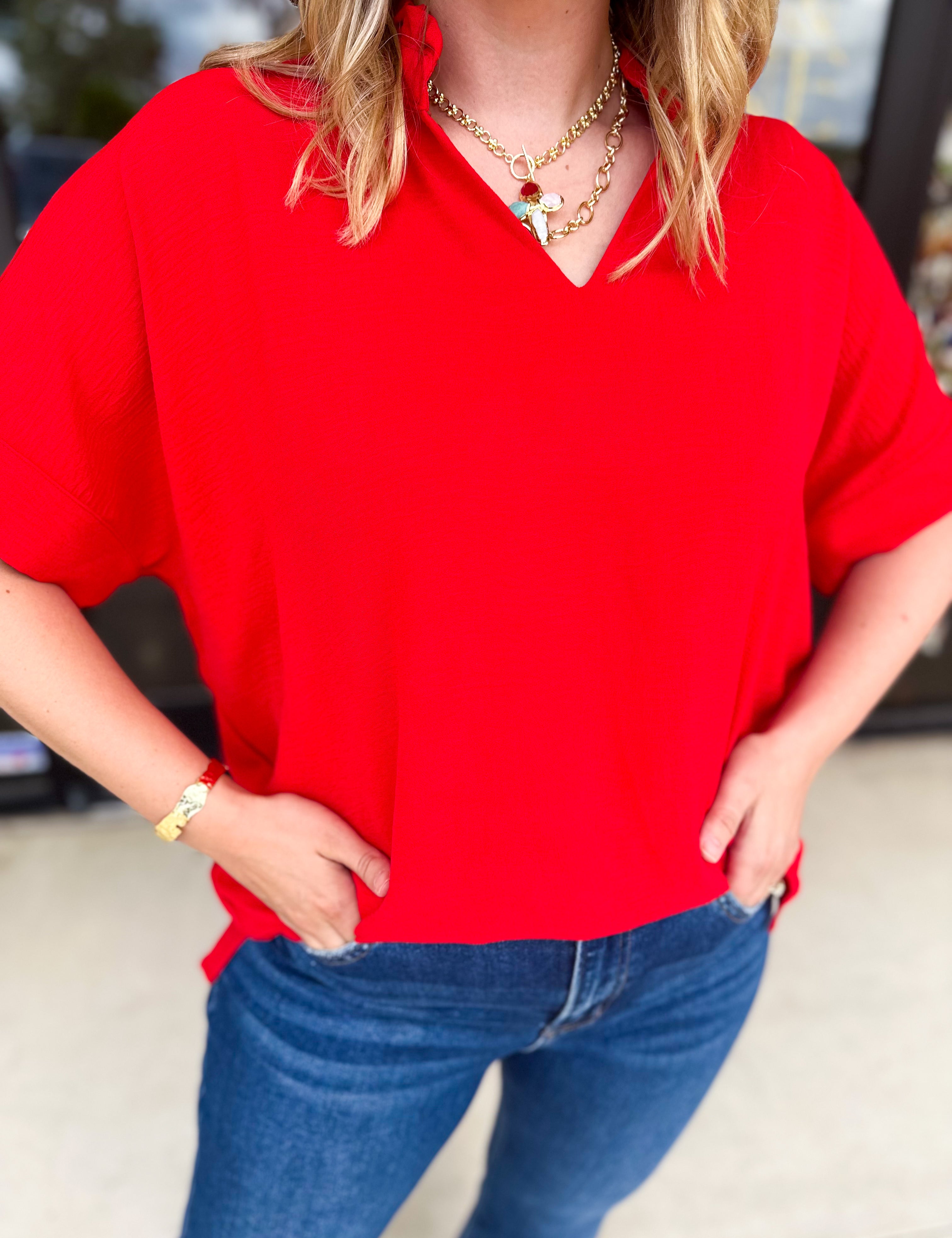 Everyday Oversized Blouse - Red-200 Fashion Blouses-JODIFL-July & June Women's Fashion Boutique Located in San Antonio, Texas