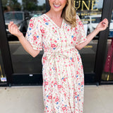 Cream & Pink Floral Midi Dress-500 Midi-POLOGRAM-July & June Women's Fashion Boutique Located in San Antonio, Texas