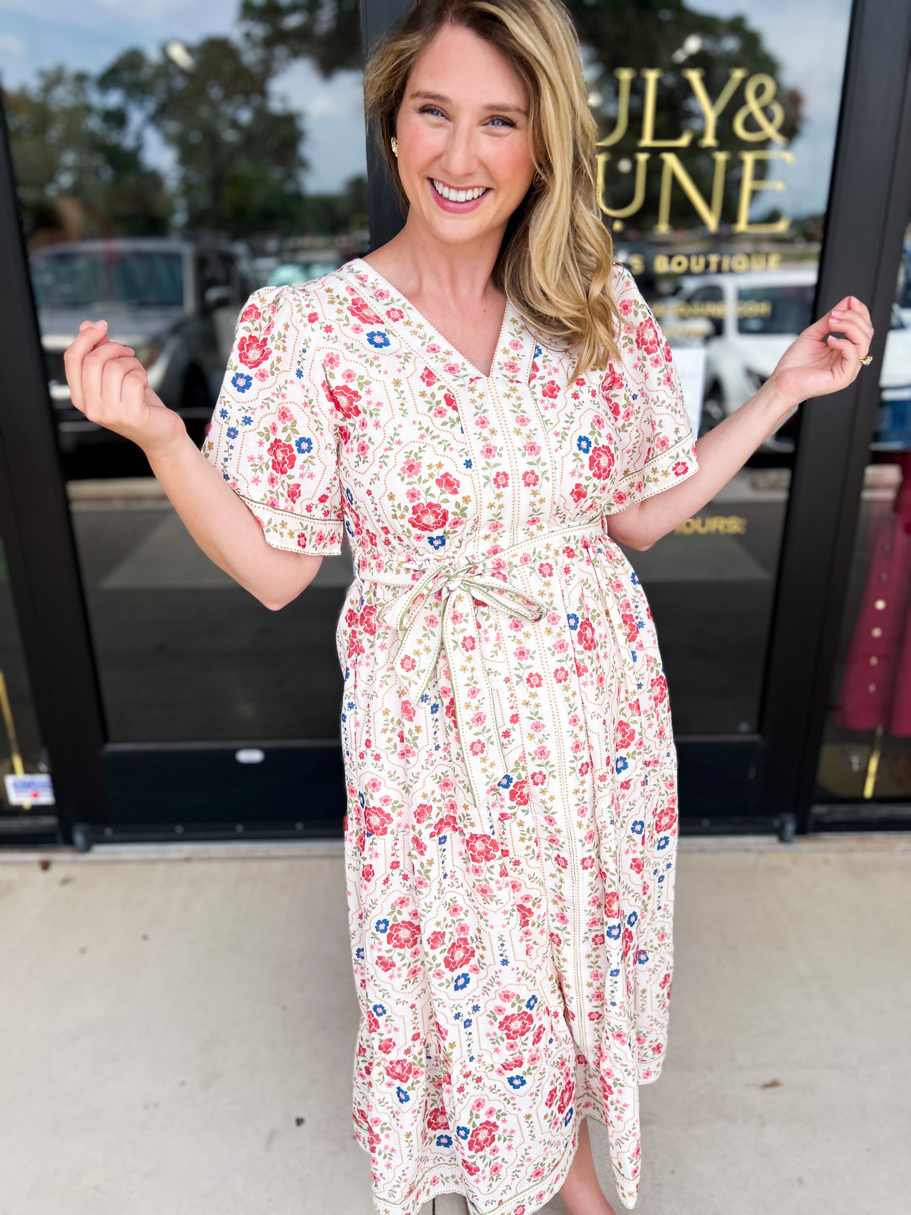 Cream & Pink Floral Midi Dress-500 Midi-POLOGRAM-July & June Women's Fashion Boutique Located in San Antonio, Texas