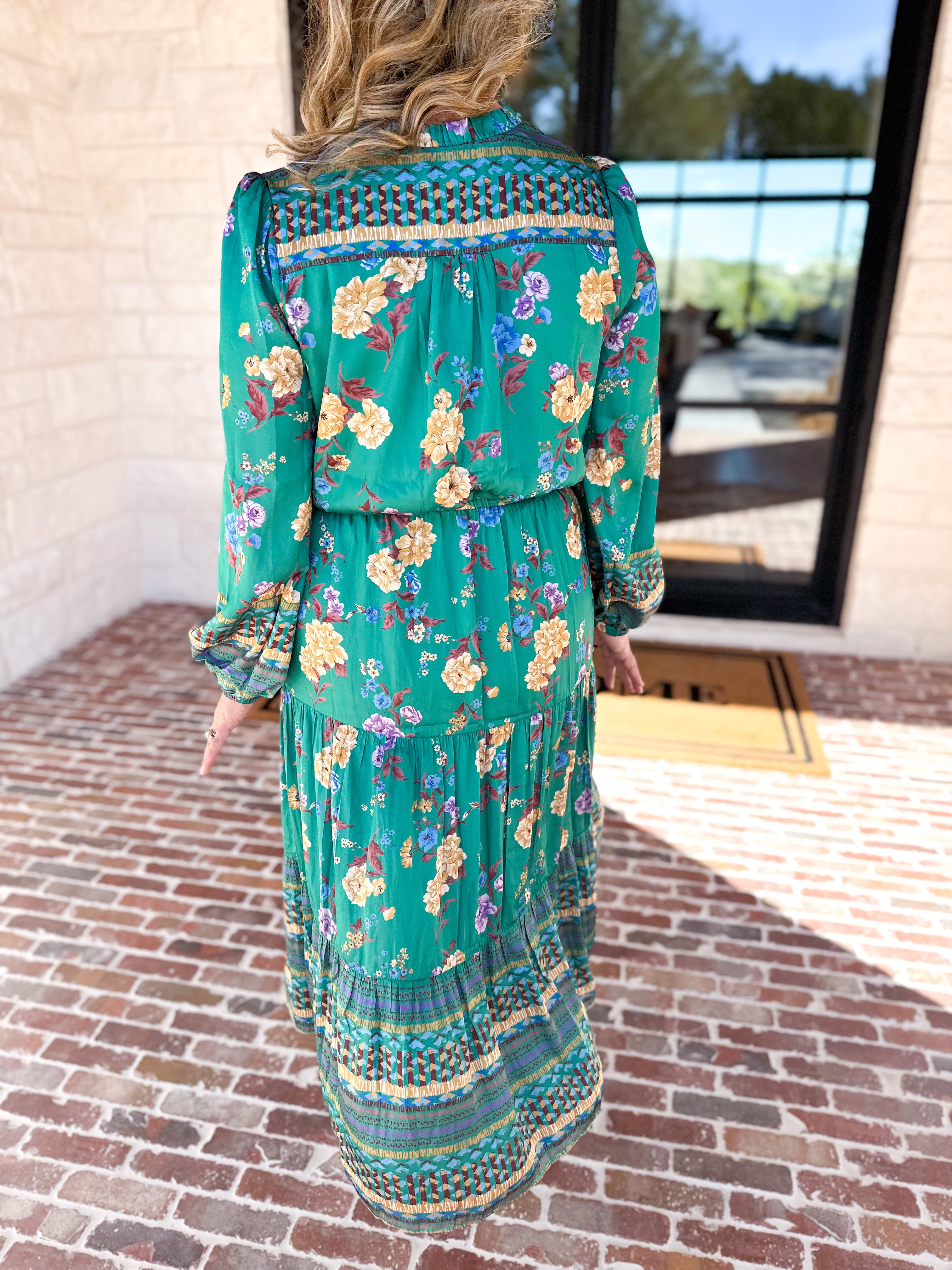 Current Air - Green Floral Satin Midi Dress-500 Midi-CURRENT AIR CLOTHING-July & June Women's Fashion Boutique Located in San Antonio, Texas