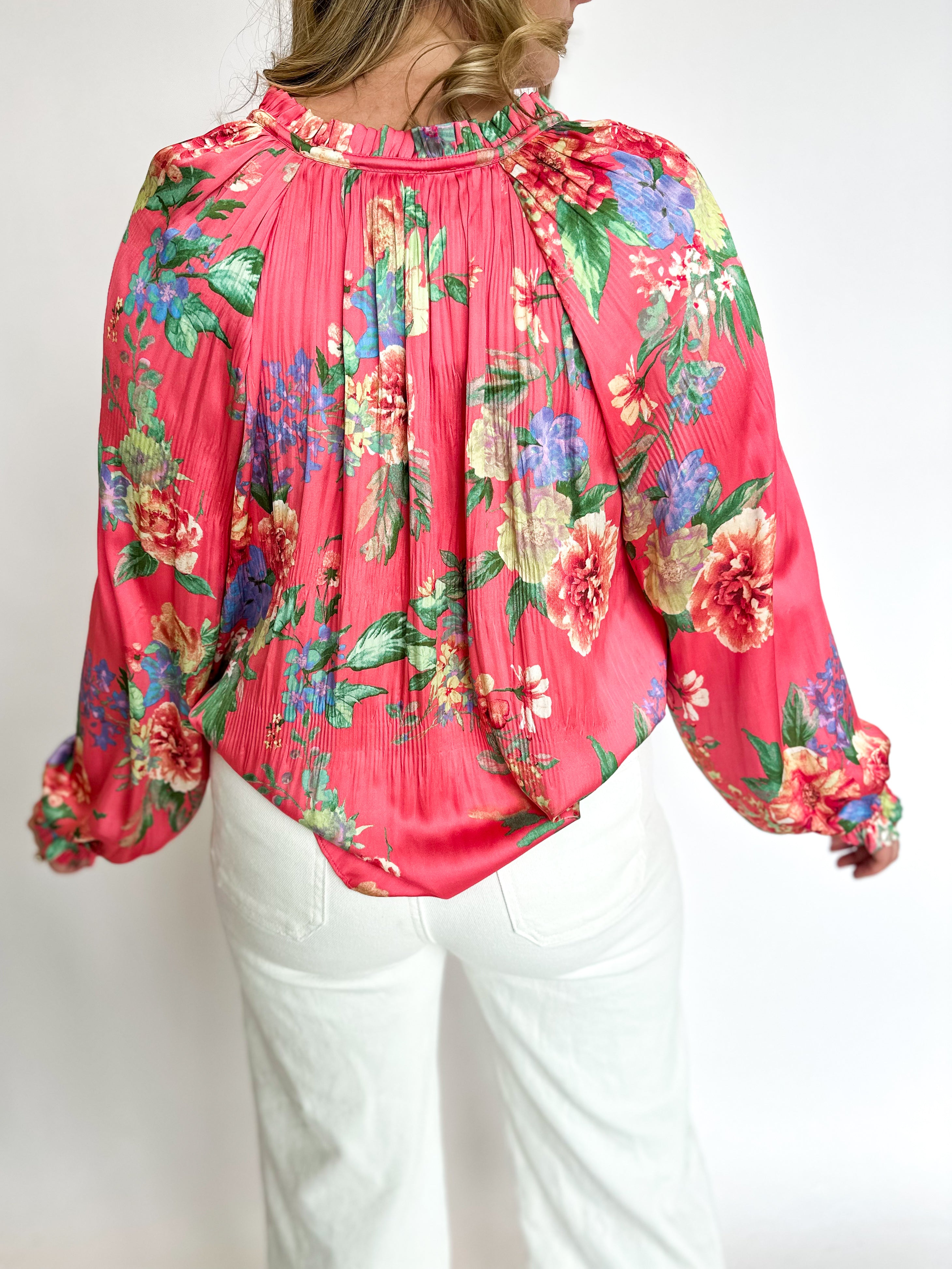 Coral Floral Blouse-200 Fashion Blouses-CURRENT AIR CLOTHING-July & June Women's Fashion Boutique Located in San Antonio, Texas