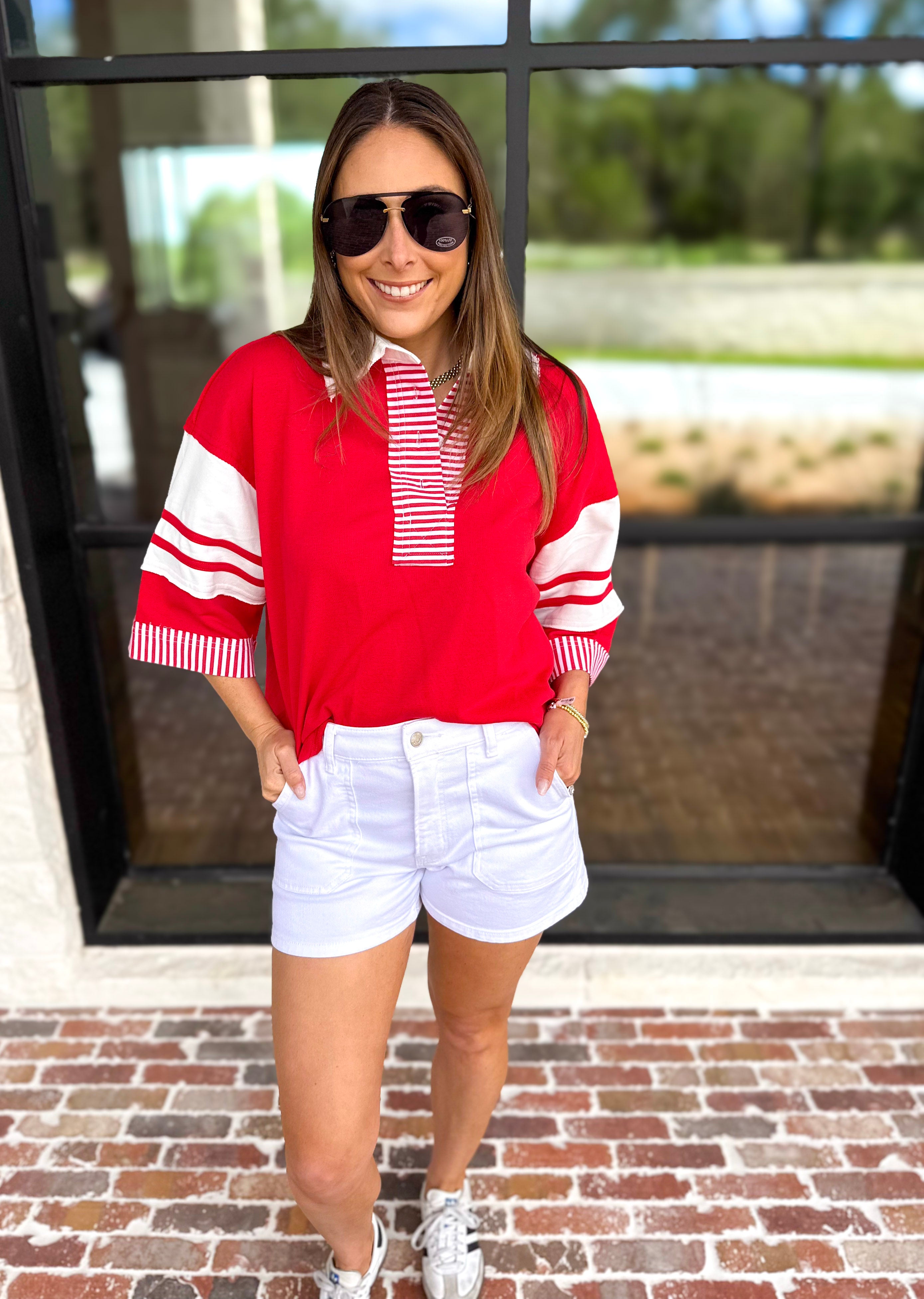 Cool Girl Oversized Polo Top - Red-210 Casual Blouses-JODIFL-July & June Women's Fashion Boutique Located in San Antonio, Texas