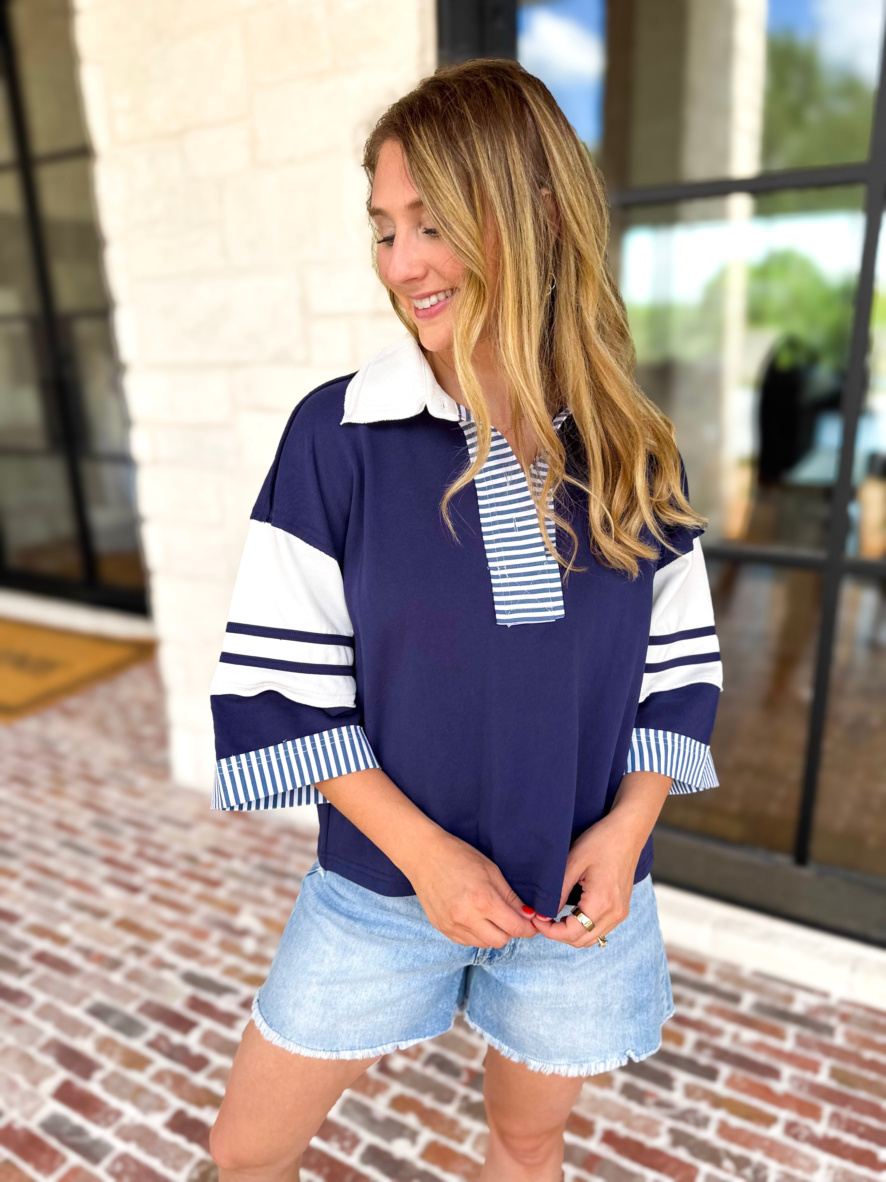 Cool Girl Oversized Polo Top - Navy-210 Casual Blouses-JODIFL-July & June Women's Fashion Boutique Located in San Antonio, Texas
