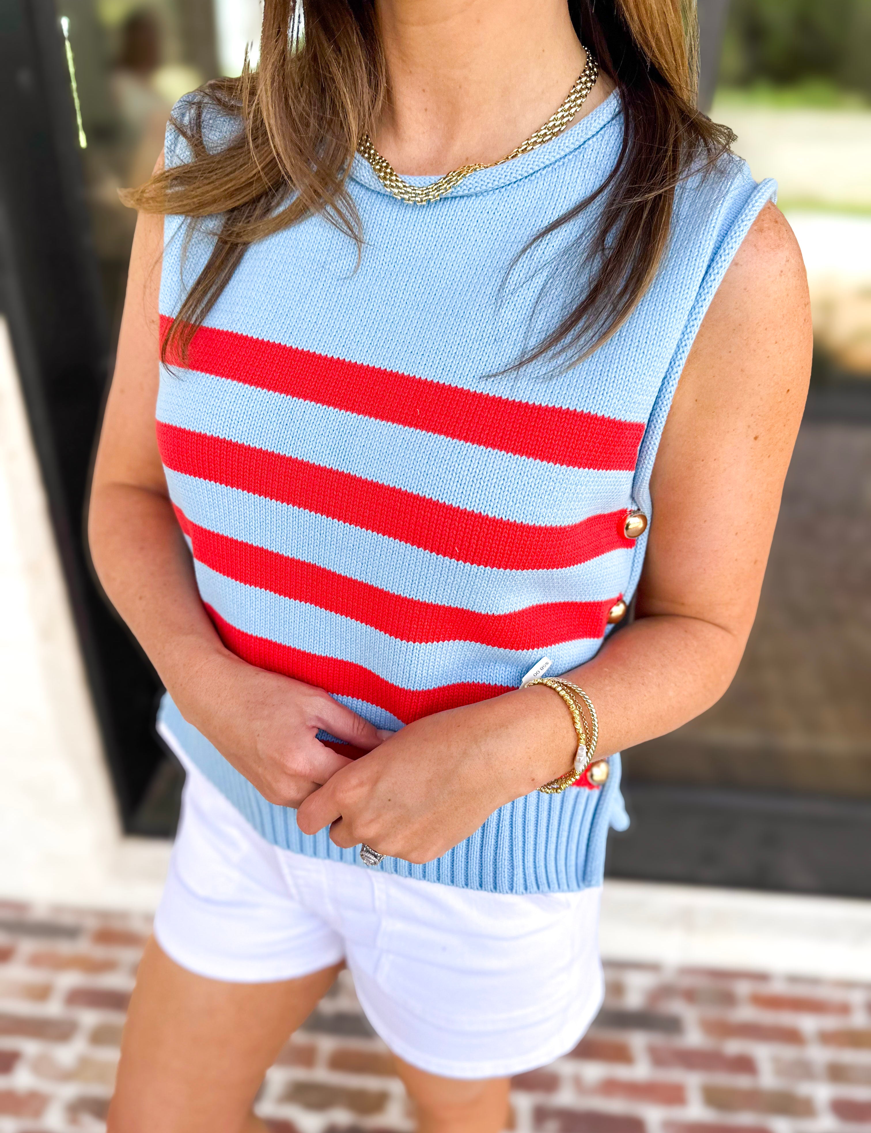Red & Blue Knit Tank-230 Sweaters/Cardis-ENTRO-July & June Women's Fashion Boutique Located in San Antonio, Texas