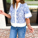 THML - Blue & Ivory Crochet Blouse-200 Fashion Blouses-THML-July & June Women's Fashion Boutique Located in San Antonio, Texas