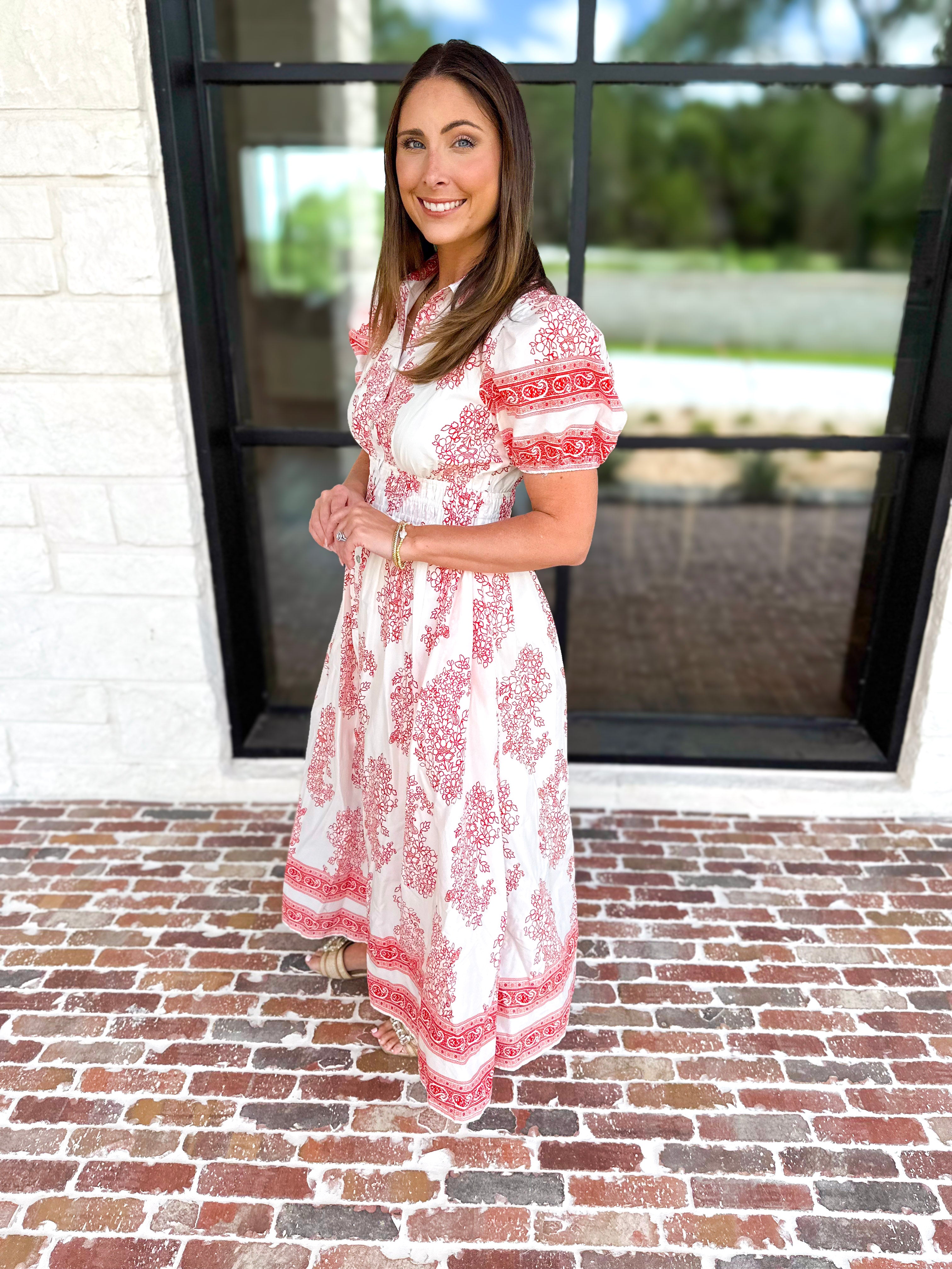 Red Paisley Midi Dress-500 Midi-ENTRO-July & June Women's Fashion Boutique Located in San Antonio, Texas