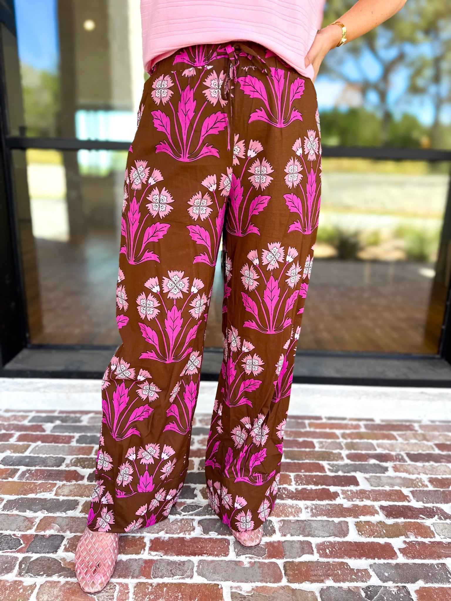 Pink & Chocolate Floral Drawstring Pants-400 Pants-TCEC-July & June Women's Fashion Boutique Located in San Antonio, Texas