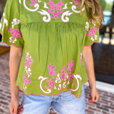 THML - Scalloped Sweetheart Blouse - Chartreuse-200 Fashion Blouses-THML-July & June Women's Fashion Boutique Located in San Antonio, Texas