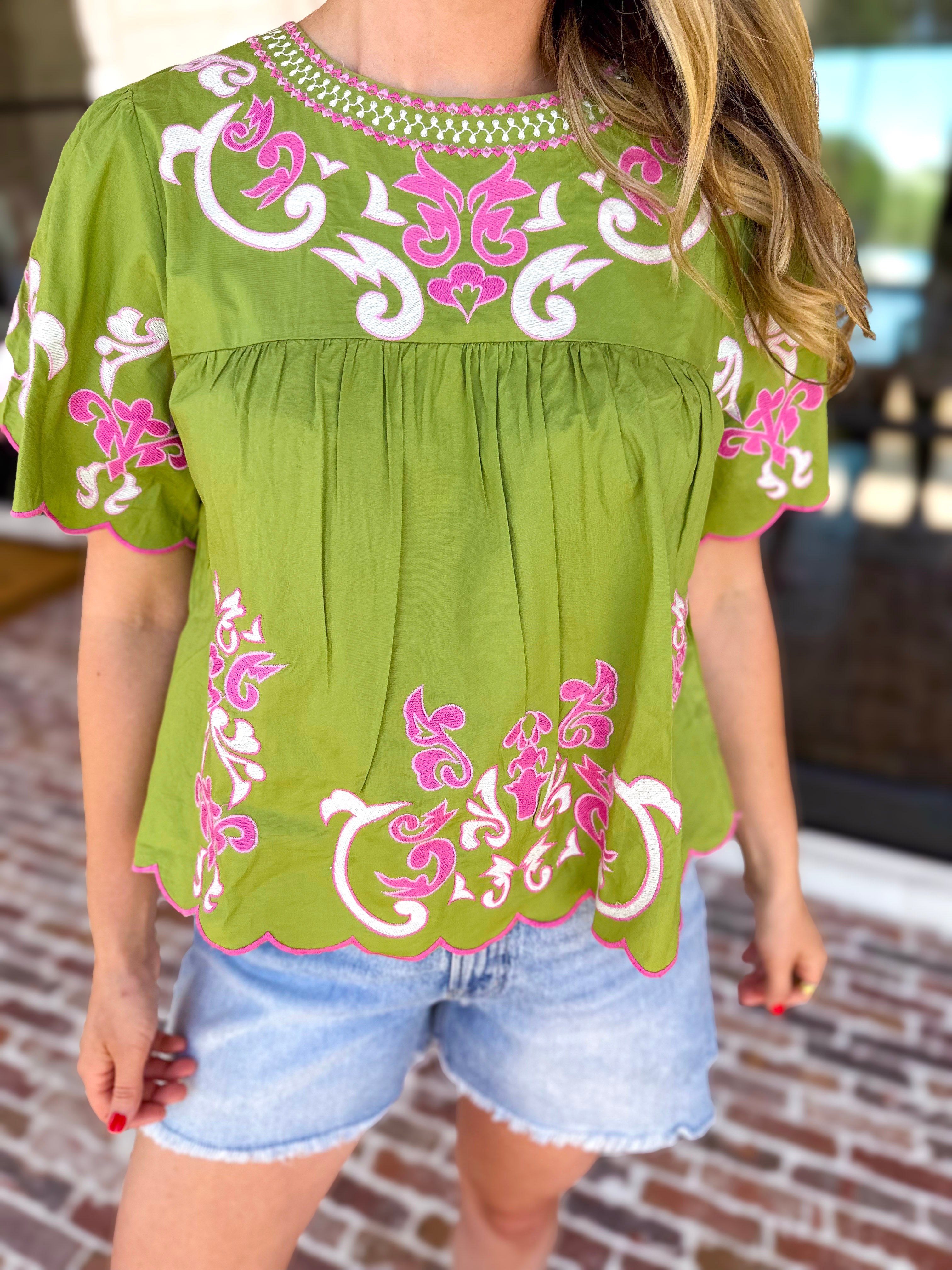 THML - Scalloped Sweetheart Blouse - Chartreuse-200 Fashion Blouses-THML-July & June Women's Fashion Boutique Located in San Antonio, Texas