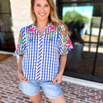 THML - Blue Gingham & Floral Embroidered Blouse-200 Fashion Blouses-THML-July & June Women's Fashion Boutique Located in San Antonio, Texas
