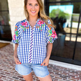THML - Blue Gingham & Floral Embroidered Blouse-200 Fashion Blouses-THML-July & June Women's Fashion Boutique Located in San Antonio, Texas