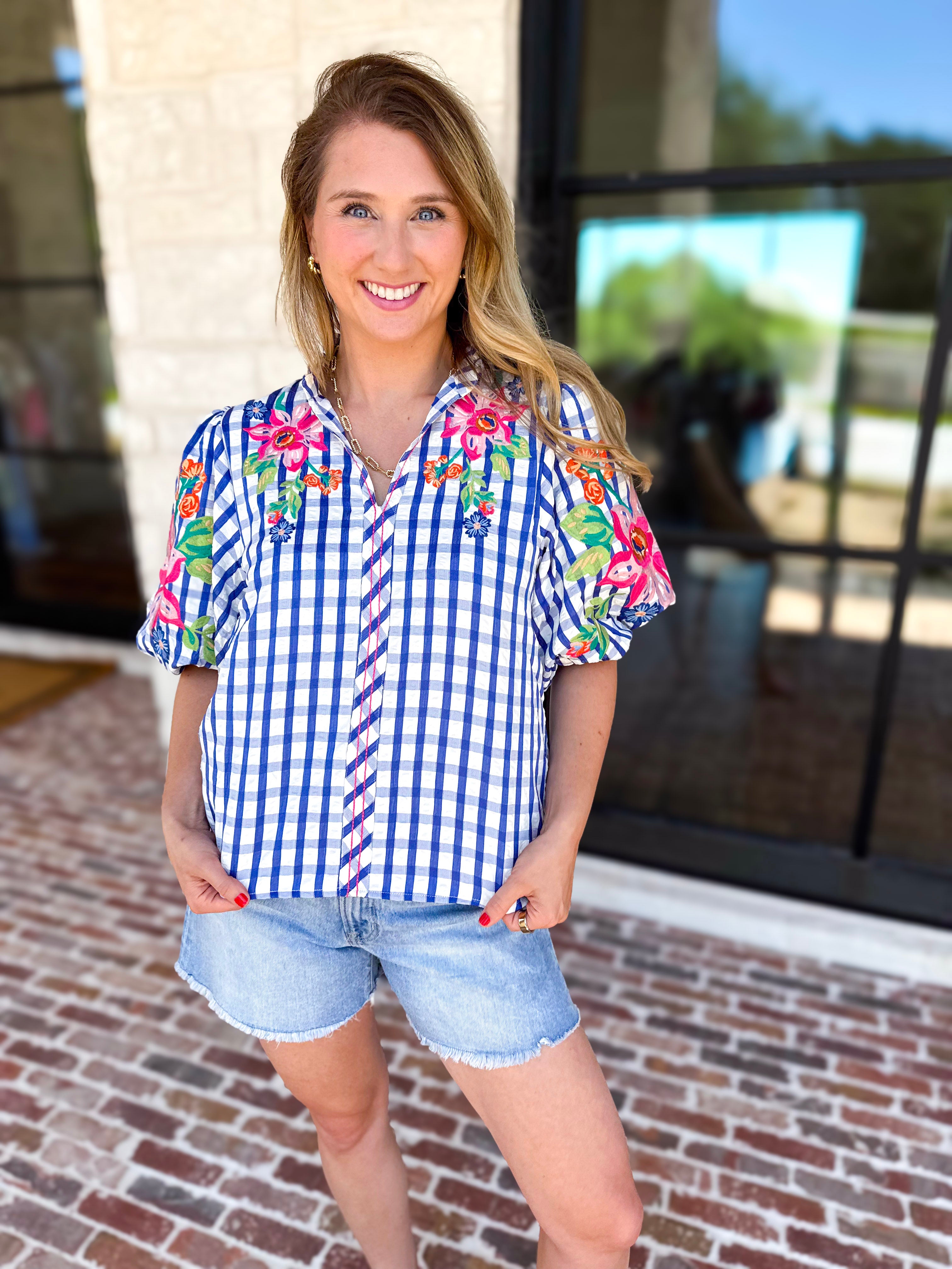 THML - Blue Gingham & Floral Embroidered Blouse-200 Fashion Blouses-THML-July & June Women's Fashion Boutique Located in San Antonio, Texas