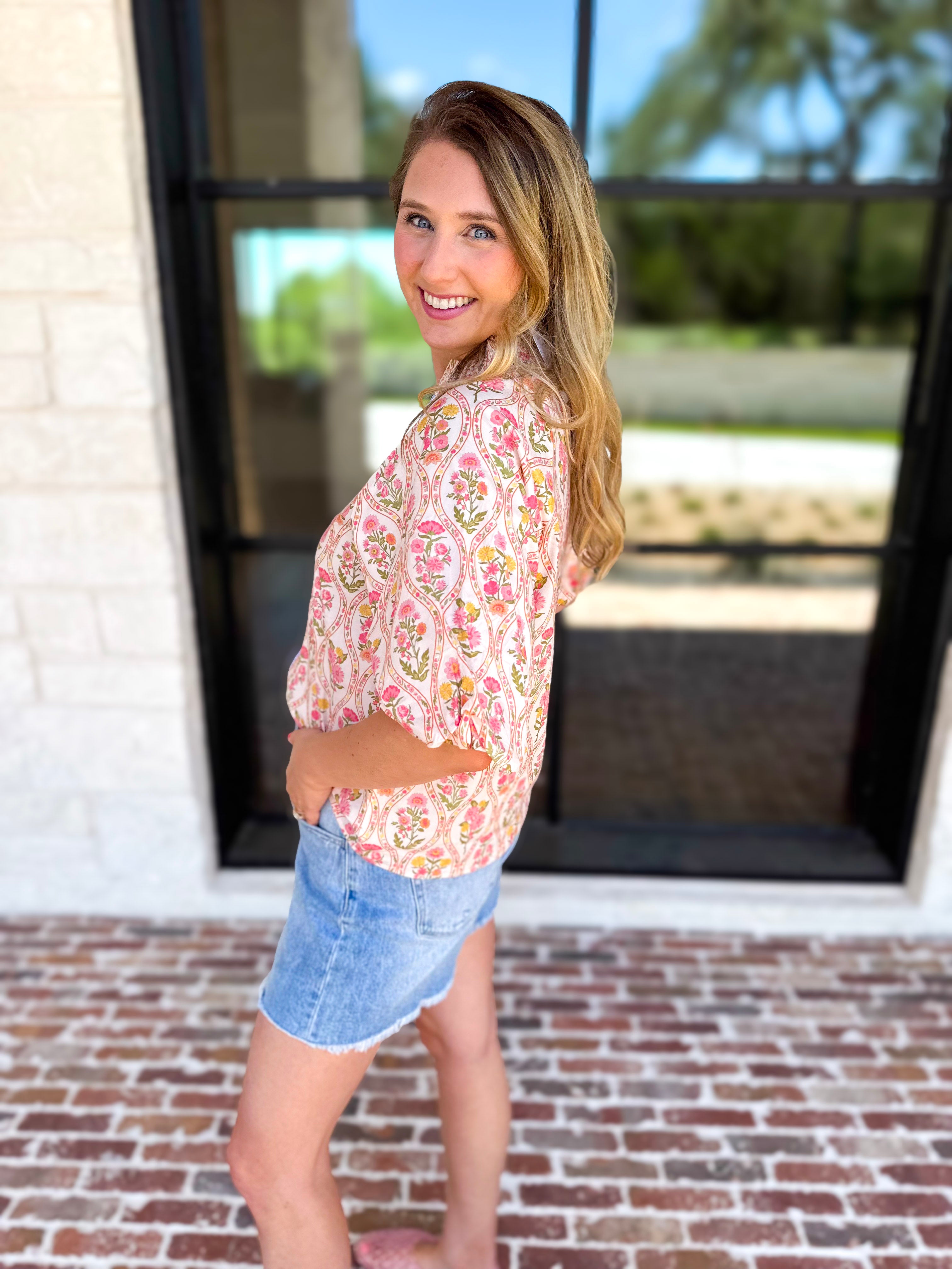 THML - Pink & Yellow Florals Blouse-200 Fashion Blouses-THML-July & June Women's Fashion Boutique Located in San Antonio, Texas