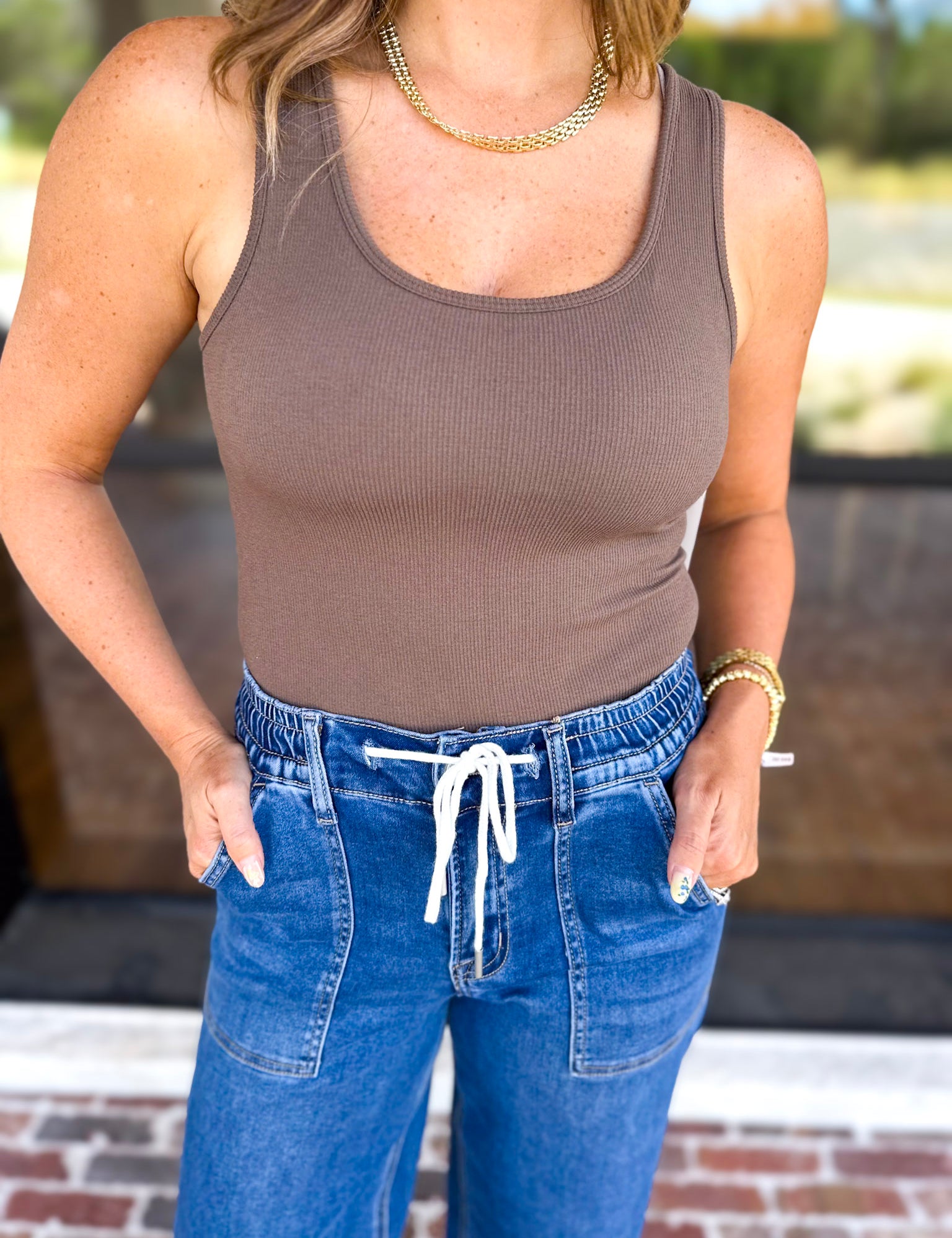 Everyday Built-in-Bra Tank - Truffle-220 Basic Tops-MONO B-July & June Women's Fashion Boutique Located in San Antonio, Texas