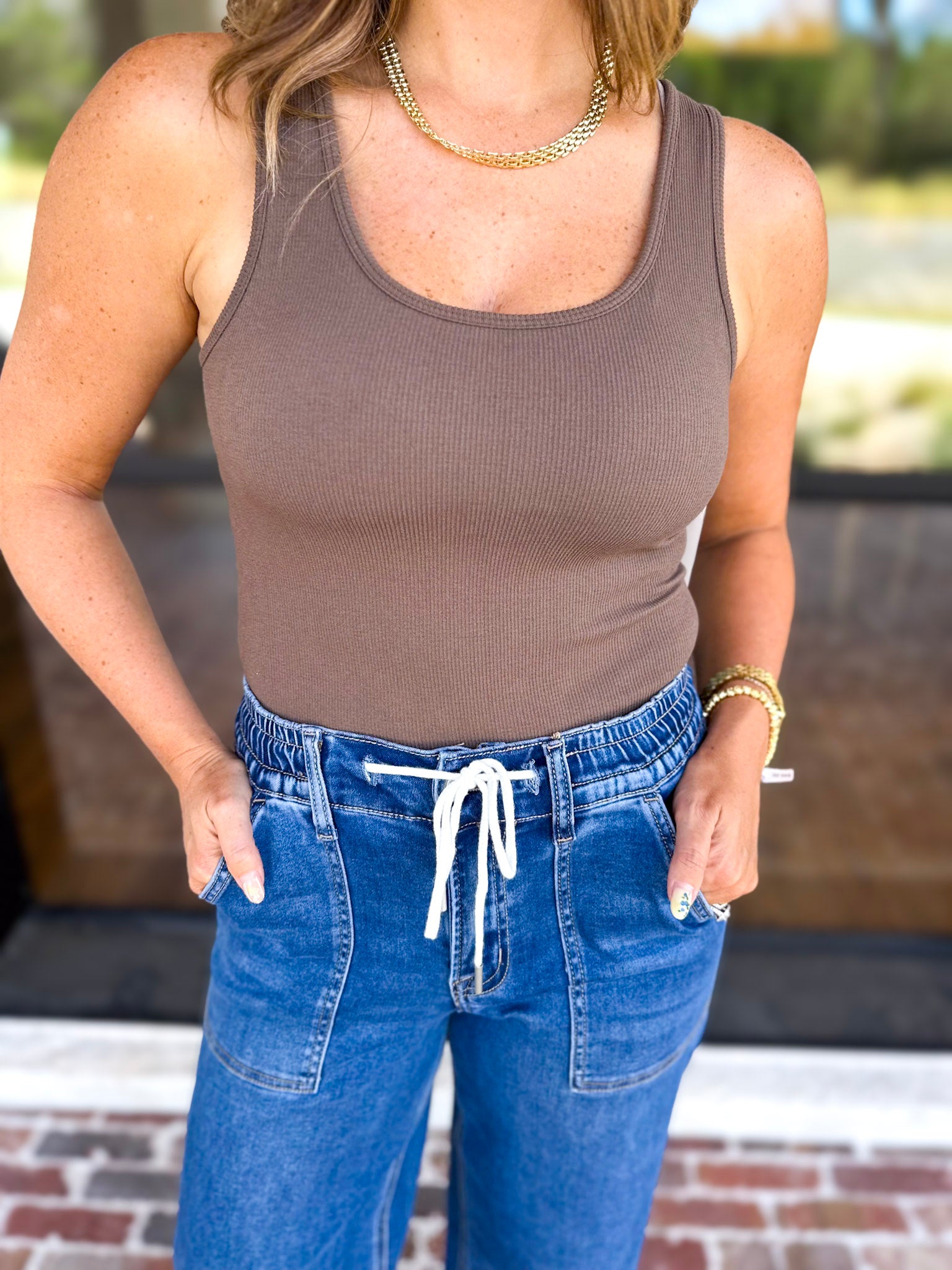 Everyday Built-in-Bra Tank - Truffle-220 Basic Tops-MONO B-July & June Women's Fashion Boutique Located in San Antonio, Texas