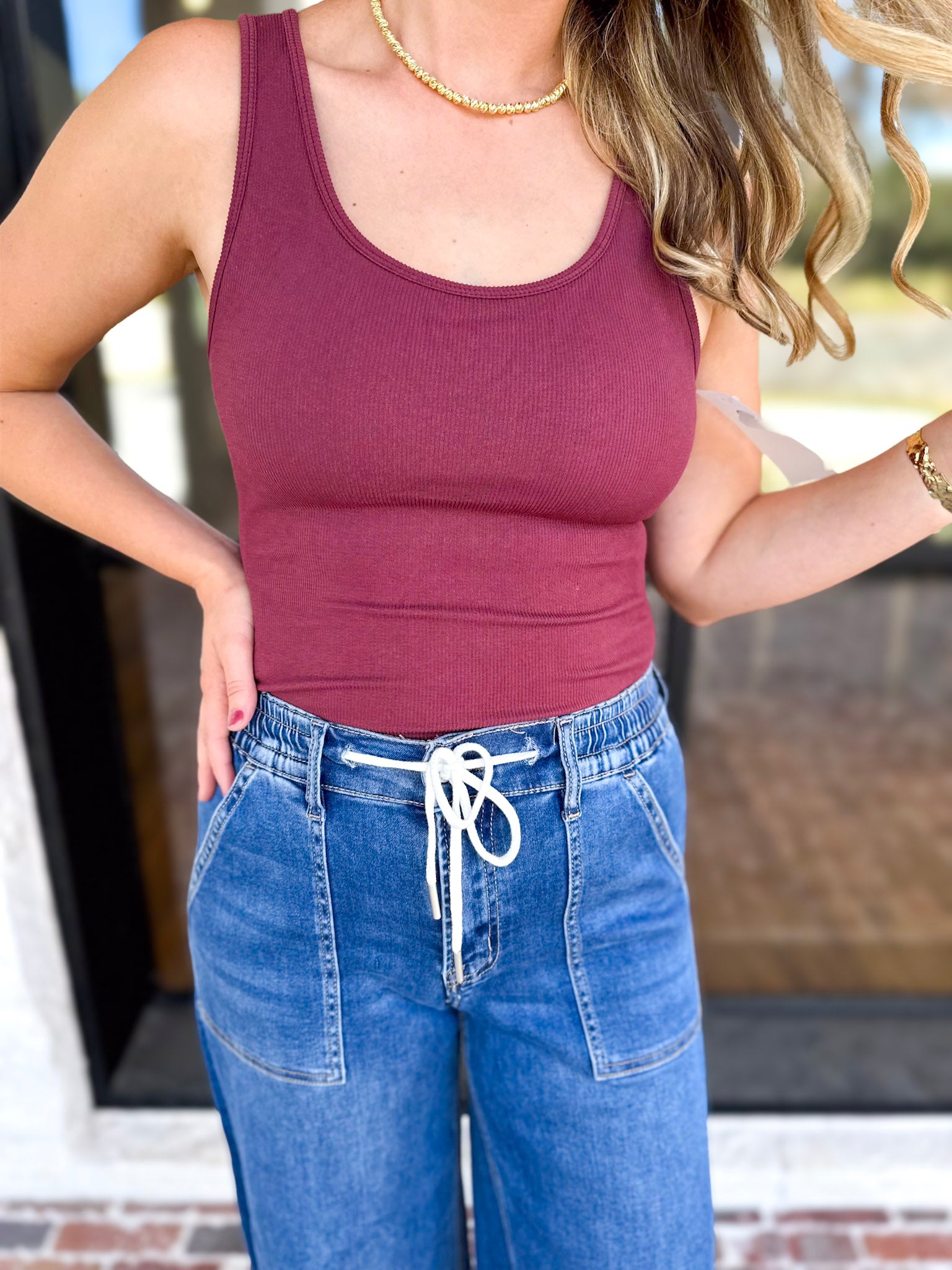 Everyday Built-in-Bra Tank - Rosewood-220 Basic Tops-MONO B-July & June Women's Fashion Boutique Located in San Antonio, Texas