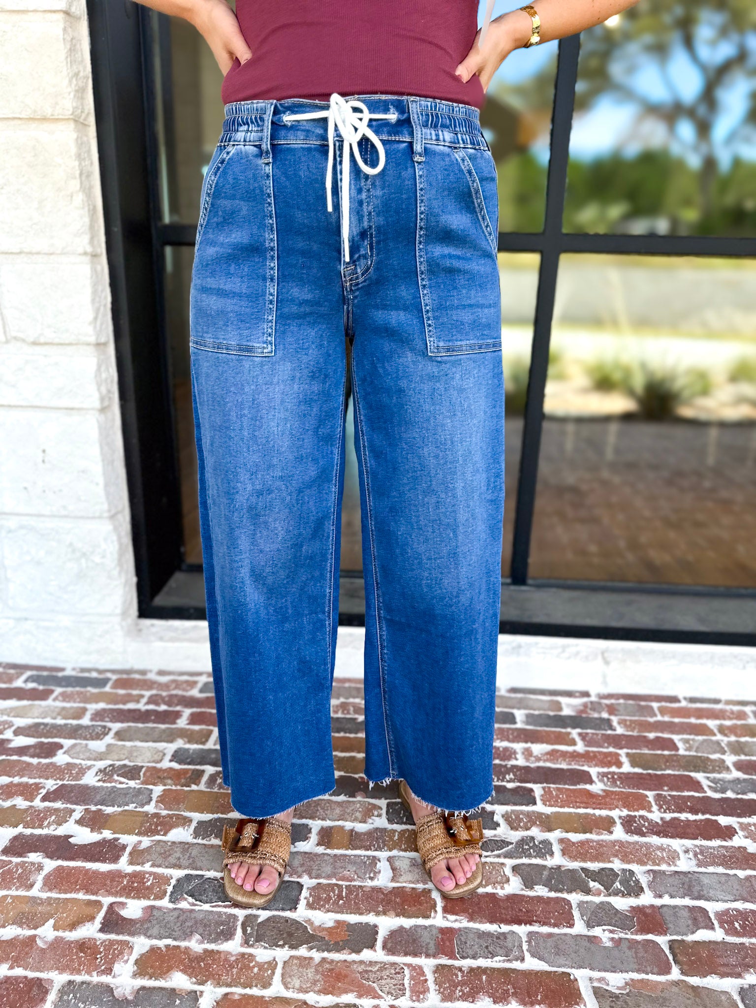 Vervet - High Rise Drawstring Wide Leg Comfy jeans-420 Denim-VEVERT BY FLYING MONKEY-July & June Women's Fashion Boutique Located in San Antonio, Texas