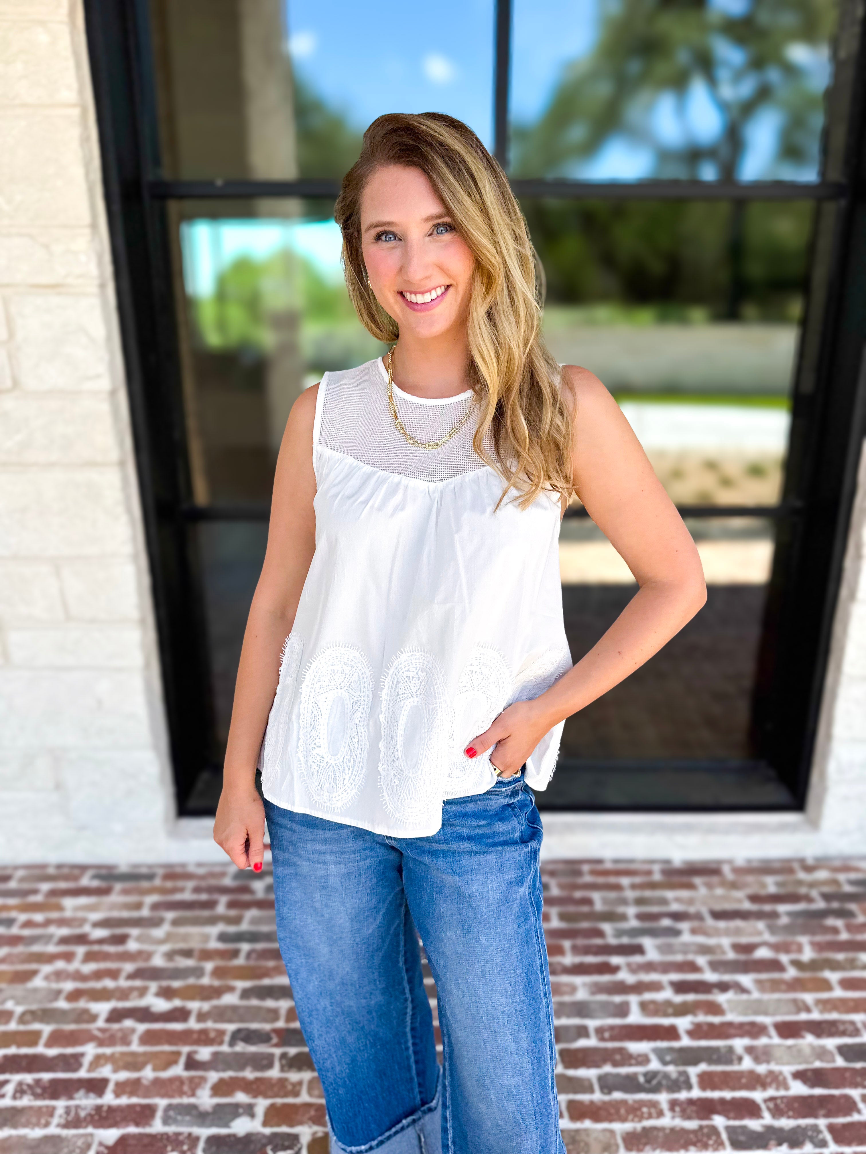 Sheer Details Tank - White-200 Fashion Blouses-FATE-July & June Women's Fashion Boutique Located in San Antonio, Texas