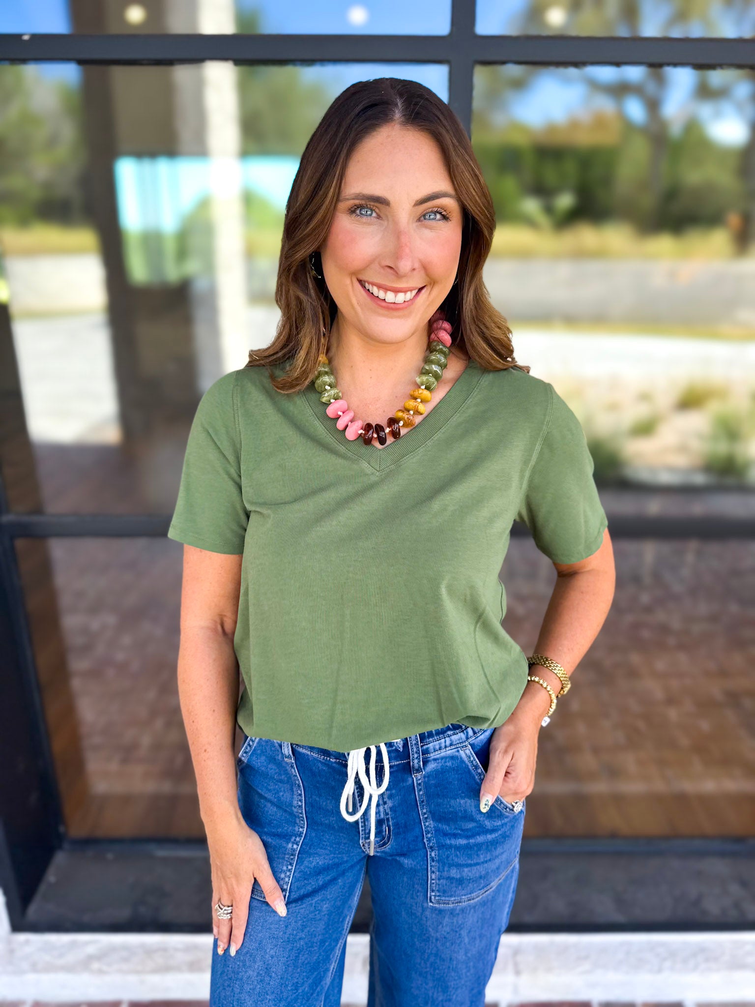 Everyday Essential V-Neck Tee - Sage-210 Casual Blouses-MONO B-July & June Women's Fashion Boutique Located in San Antonio, Texas