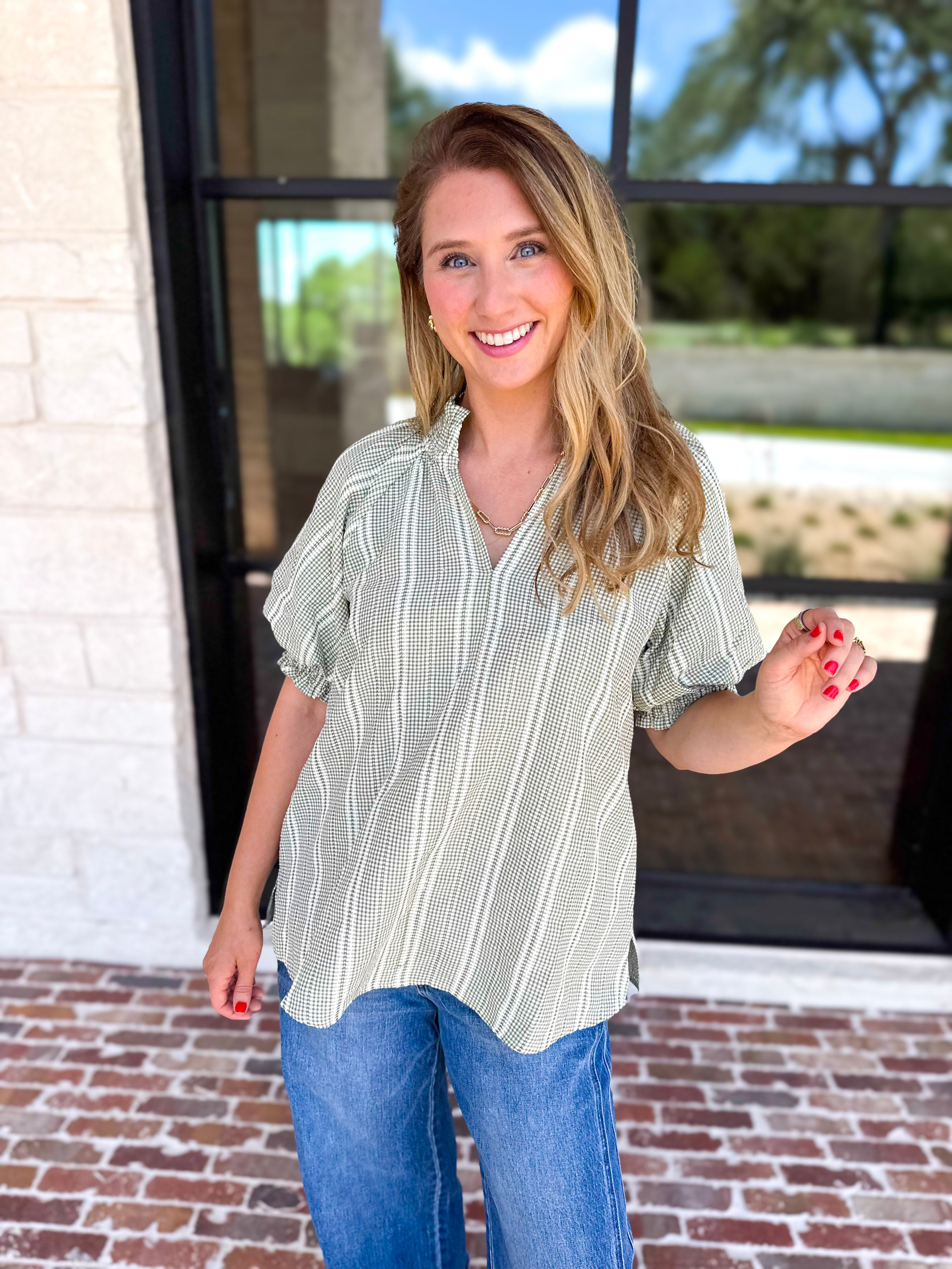 Sage Picnic Blouse-200 Fashion Blouses-JODIFL-July & June Women's Fashion Boutique Located in San Antonio, Texas