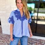 THML - Classic Blue Embroidered Blouse-200 Fashion Blouses-THML-July & June Women's Fashion Boutique Located in San Antonio, Texas