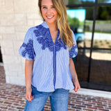 THML - Classic Blue Embroidered Blouse-200 Fashion Blouses-THML-July & June Women's Fashion Boutique Located in San Antonio, Texas
