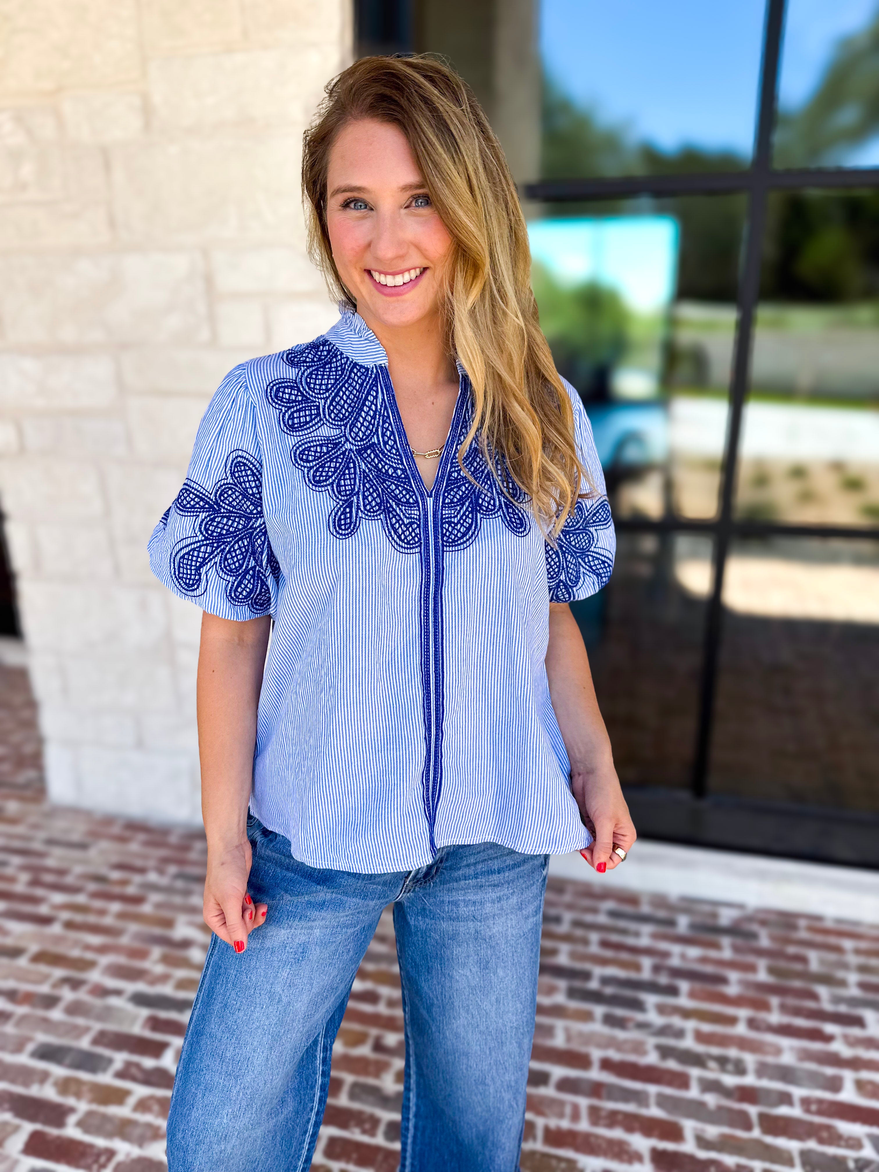 THML - Classic Blue Embroidered Blouse-200 Fashion Blouses-THML-July & June Women's Fashion Boutique Located in San Antonio, Texas