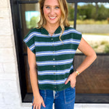 Green & Blue Varsity Short Sleeve Cardigan-230 Sweaters/Cardis-ENTRO-July & June Women's Fashion Boutique Located in San Antonio, Texas