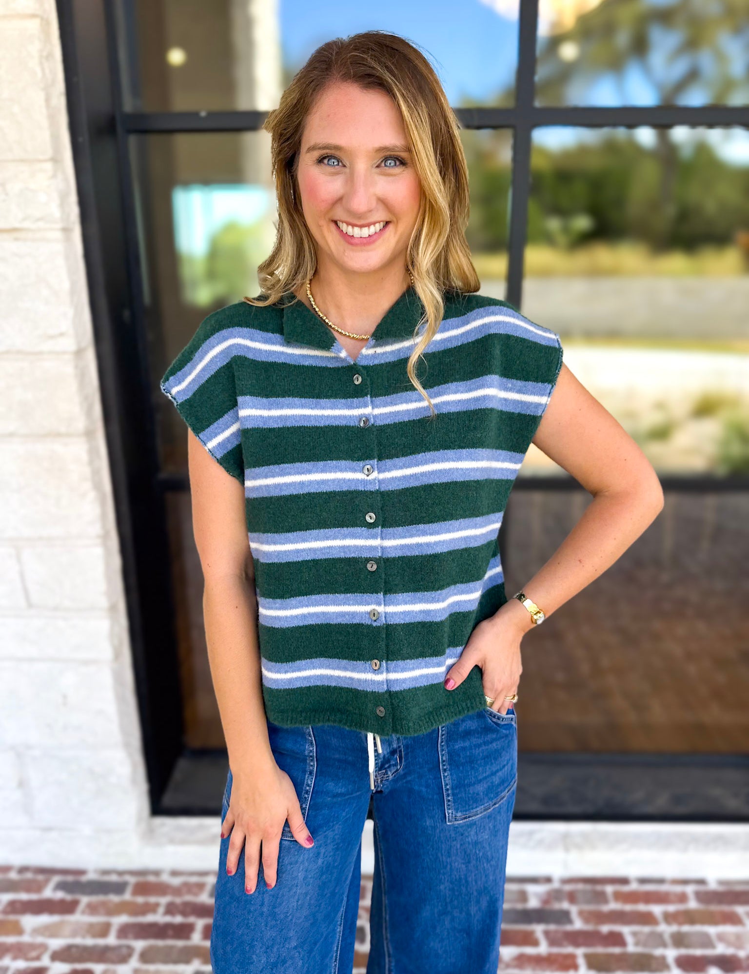 Green & Blue Varsity Short Sleeve Cardigan-230 Sweaters/Cardis-ENTRO-July & June Women's Fashion Boutique Located in San Antonio, Texas