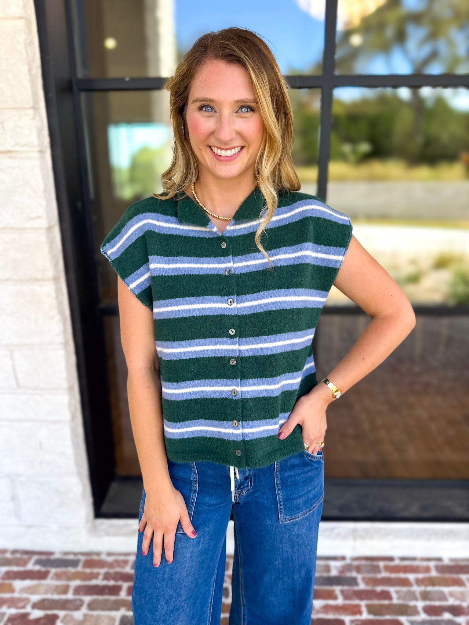 Green & Blue Varsity Short Sleeve Cardigan-230 Sweaters/Cardis-ENTRO-July & June Women's Fashion Boutique Located in San Antonio, Texas
