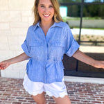 Light Blue Utility Blouse-200 Fashion Blouses-SKIES ARE BLUE-July & June Women's Fashion Boutique Located in San Antonio, Texas