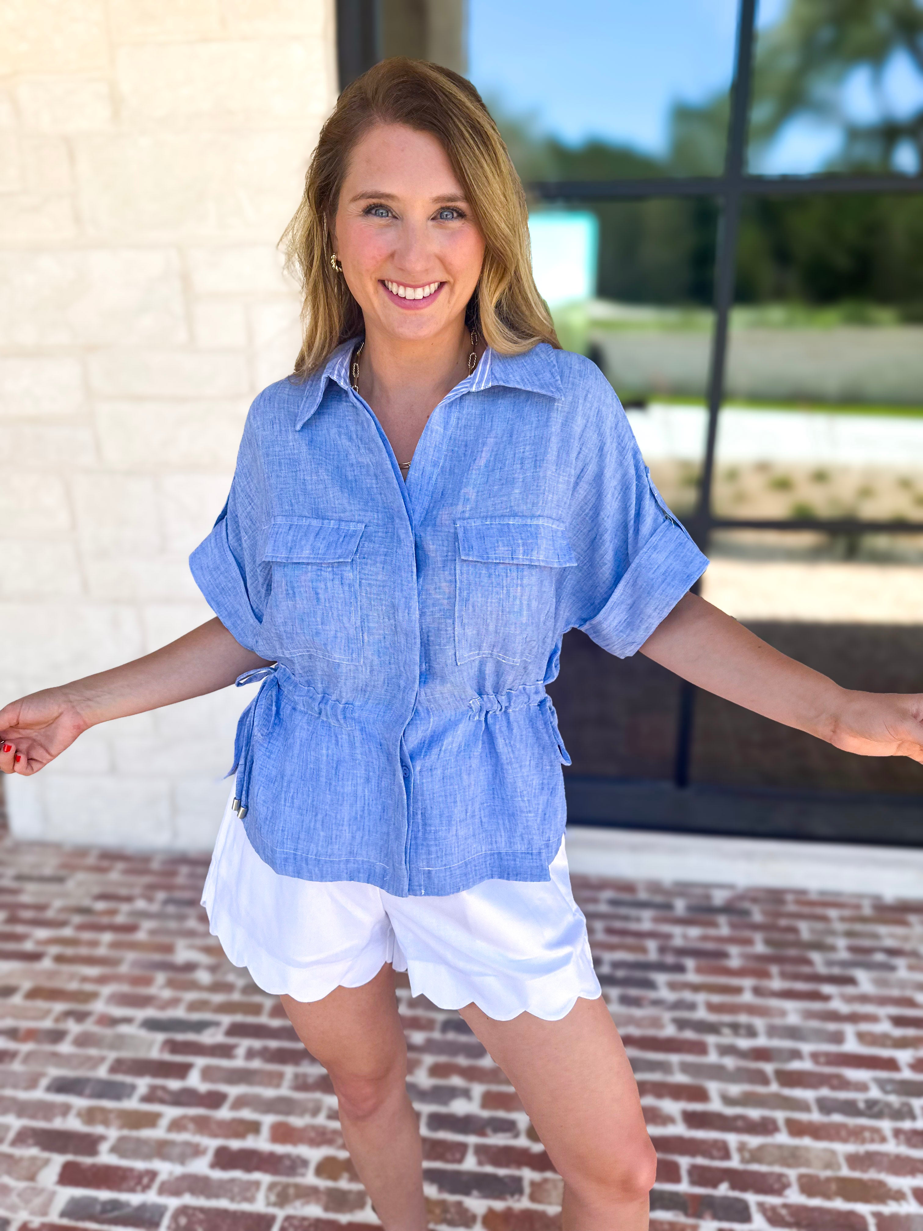 Light Blue Utility Blouse-200 Fashion Blouses-SKIES ARE BLUE-July & June Women's Fashion Boutique Located in San Antonio, Texas