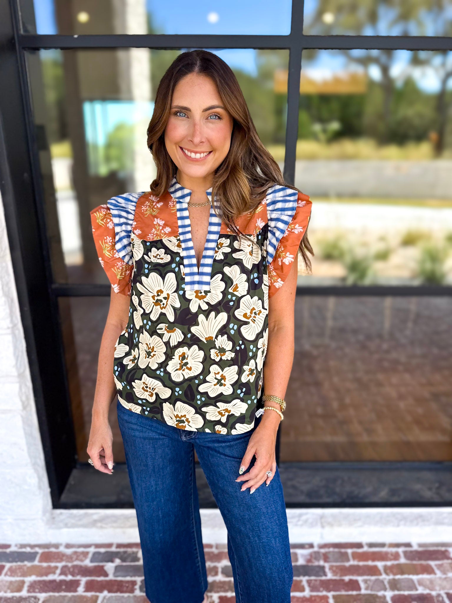 THML - Harvest Florals Ruffle Sleeve Blouse-200 Fashion Blouses-THML-July & June Women's Fashion Boutique Located in San Antonio, Texas