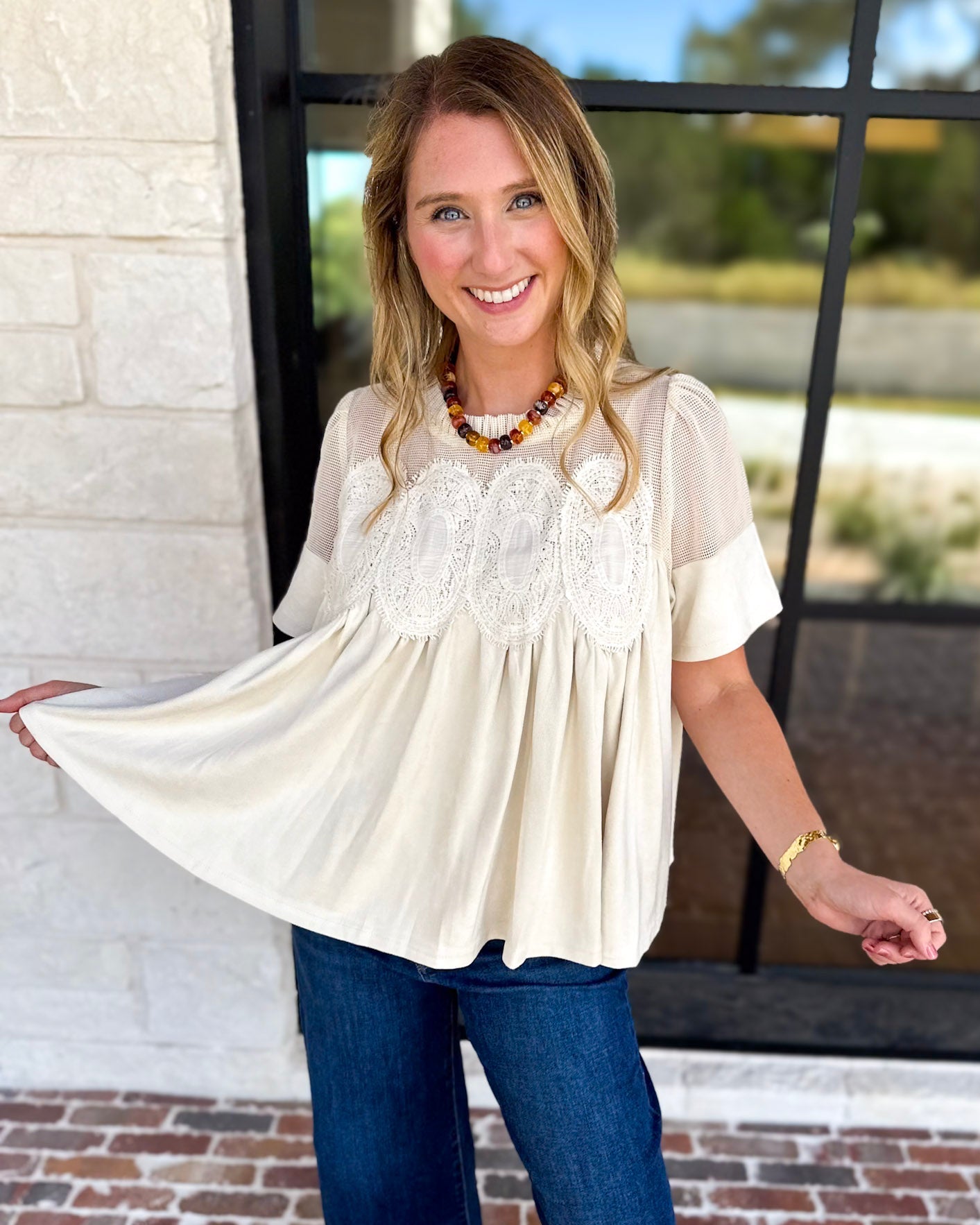 Lace Details Suede Blouse-200 Fashion Blouses-FATE-July & June Women's Fashion Boutique Located in San Antonio, Texas