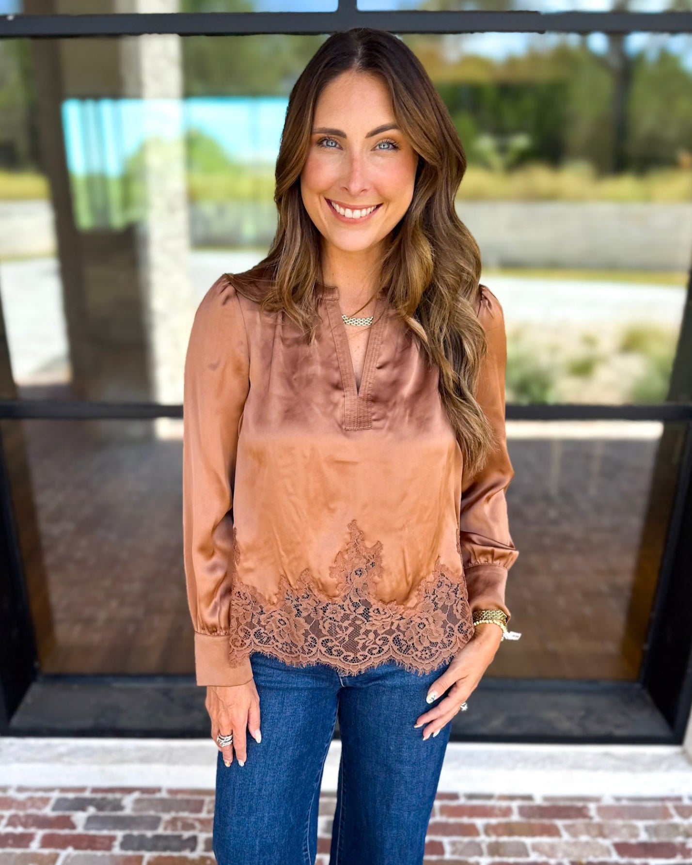 Current Air - Feminine Lace Details Blouse - Mocha-200 Fashion Blouses-CURRENT AIR CLOTHING-July & June Women's Fashion Boutique Located in San Antonio, Texas
