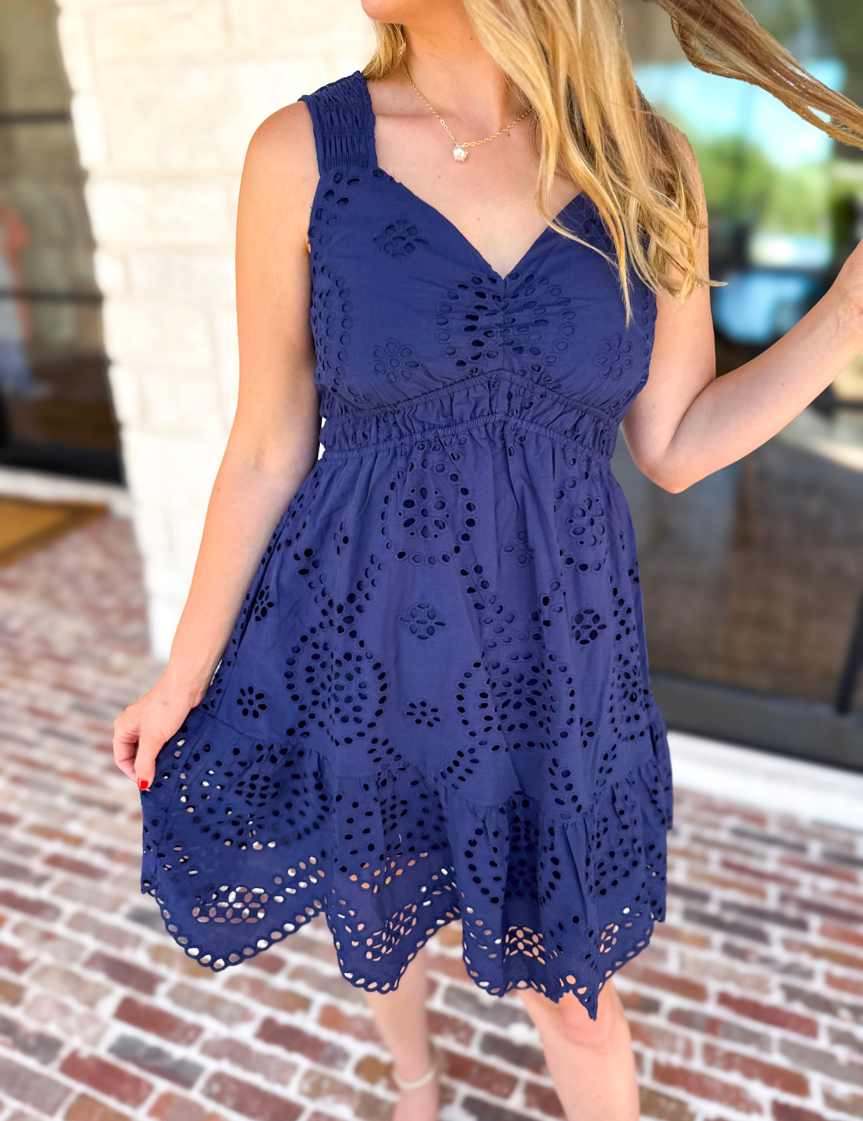 Navy Eyelet Mini Dress-510 Mini-SKIES ARE BLUE-July & June Women's Fashion Boutique Located in San Antonio, Texas