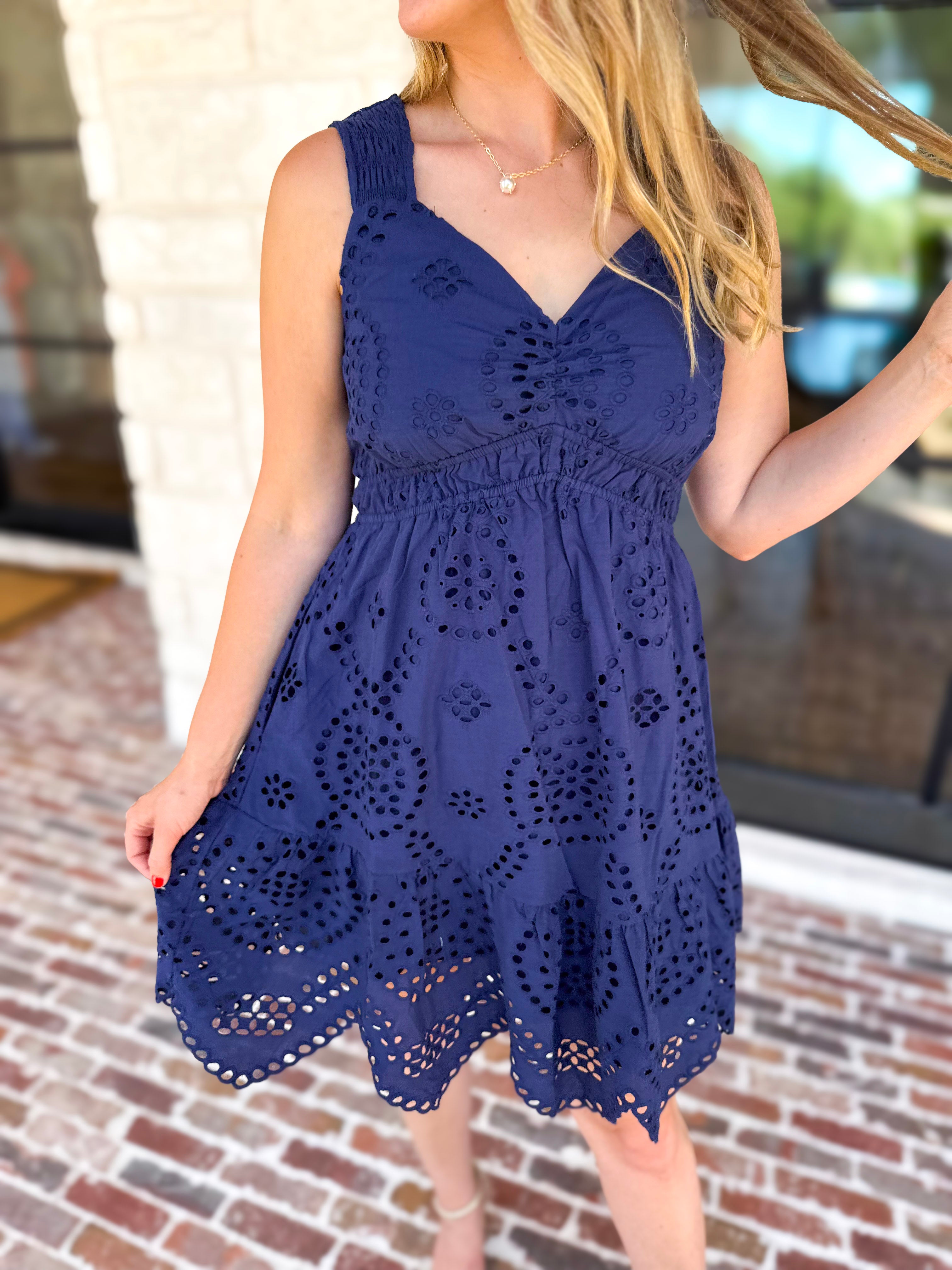 Navy Eyelet Mini Dress-510 Mini-SKIES ARE BLUE-July & June Women's Fashion Boutique Located in San Antonio, Texas