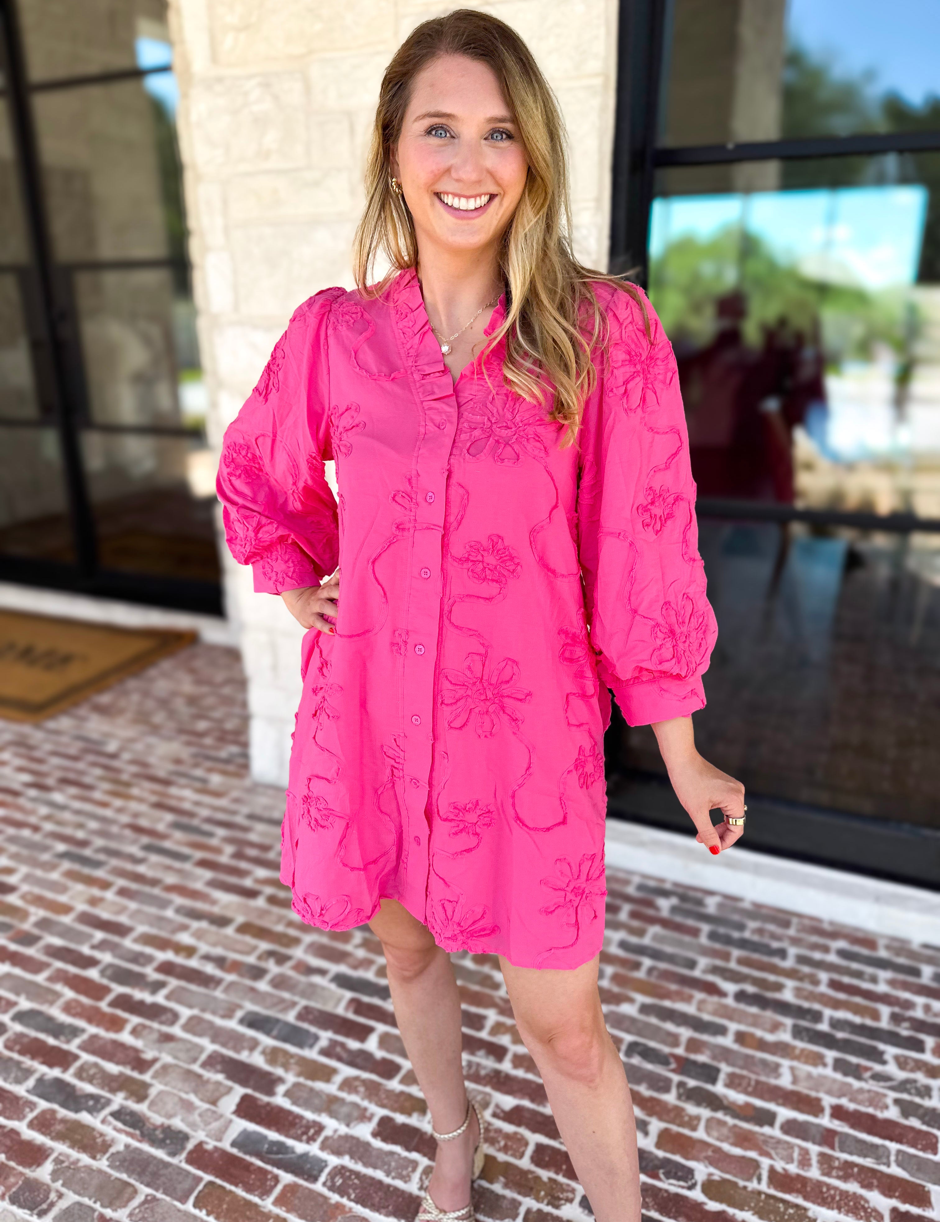 Hot Pink Floral Details Mini Dress-510 Mini-JODIFL-July & June Women's Fashion Boutique Located in San Antonio, Texas