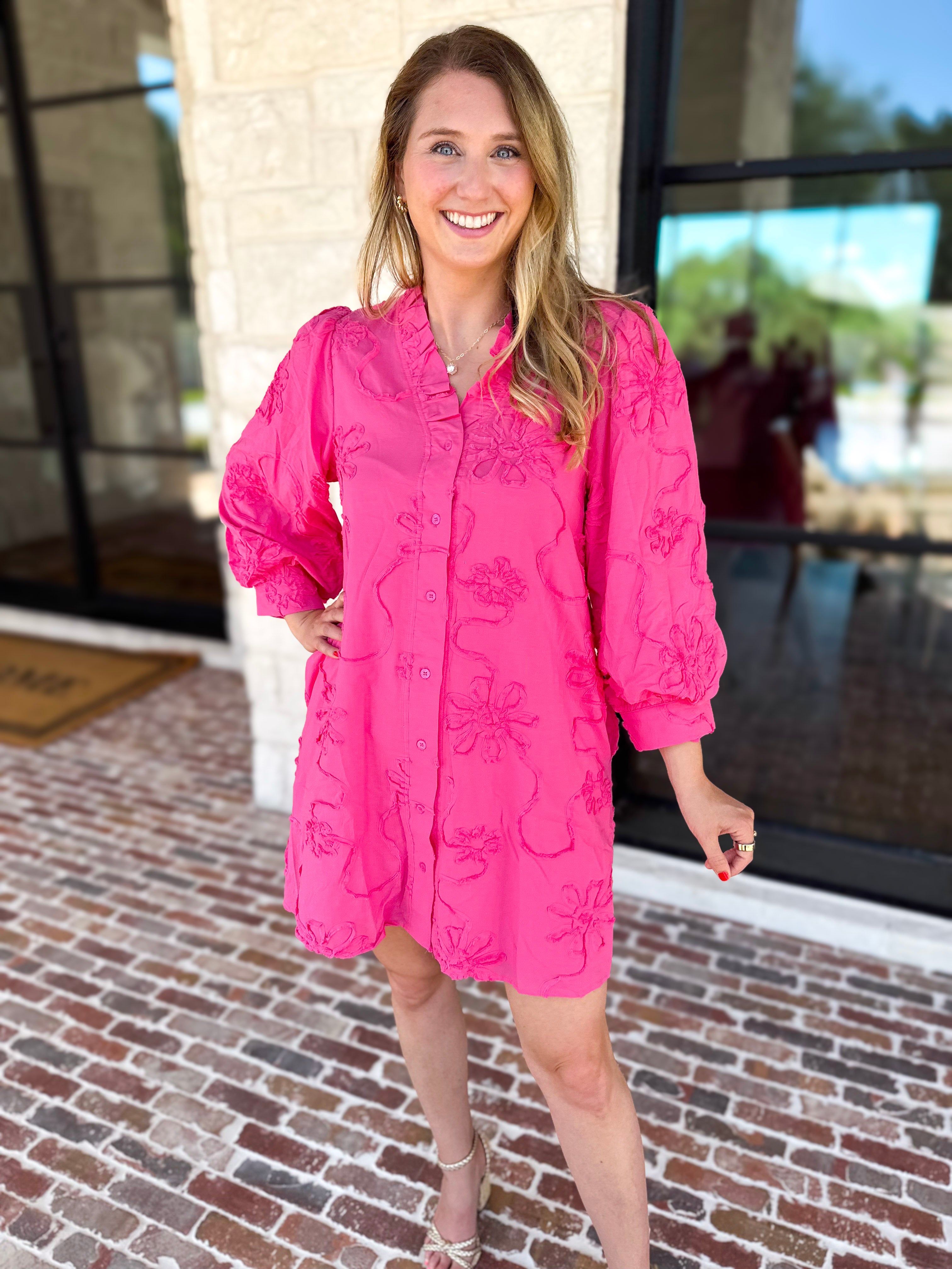 Hot Pink Floral Details Mini Dress-510 Mini-JODIFL-July & June Women's Fashion Boutique Located in San Antonio, Texas