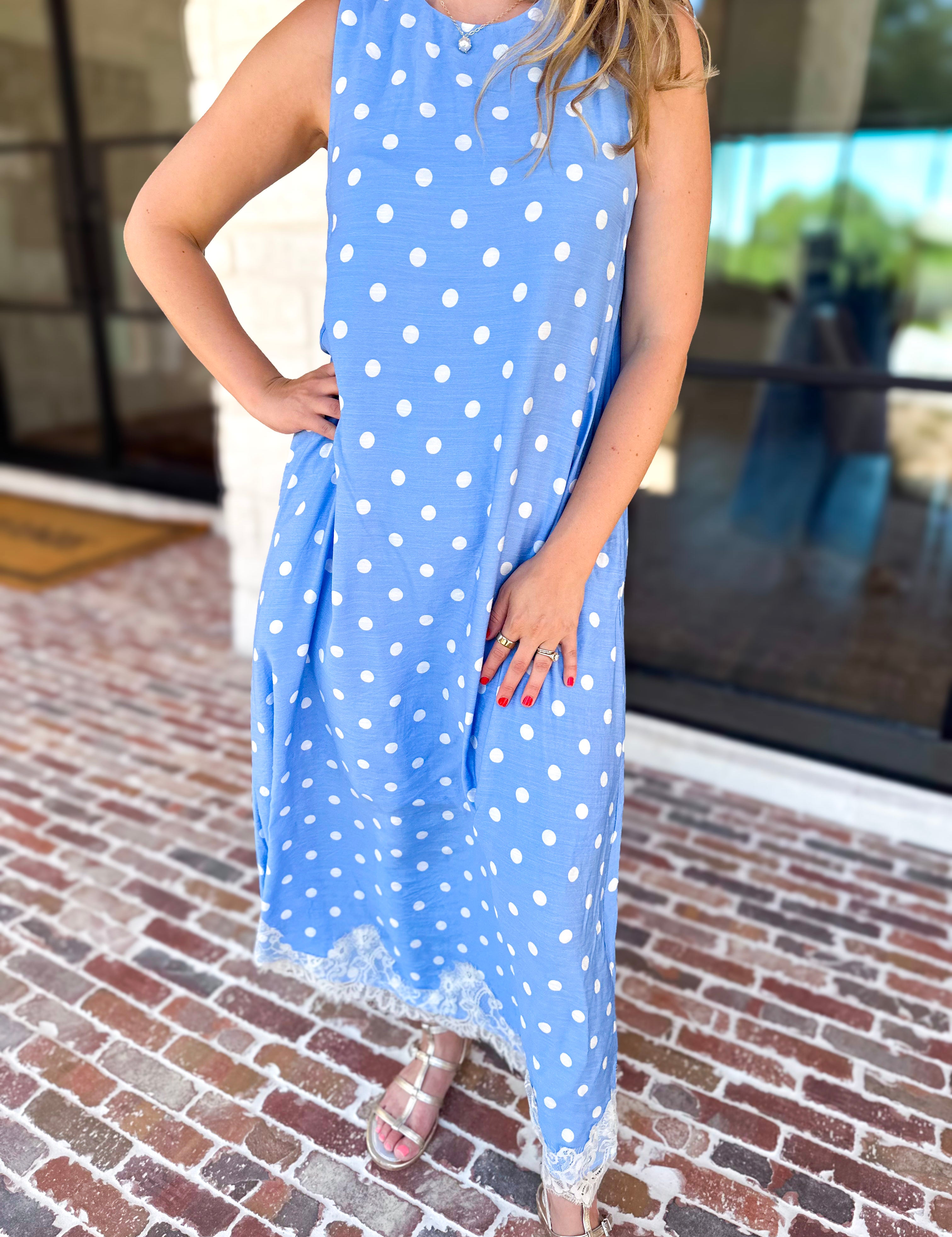 Effortless Polka Dot Midi Dress - Blue-500 Midi-ENTRO-July & June Women's Fashion Boutique Located in San Antonio, Texas