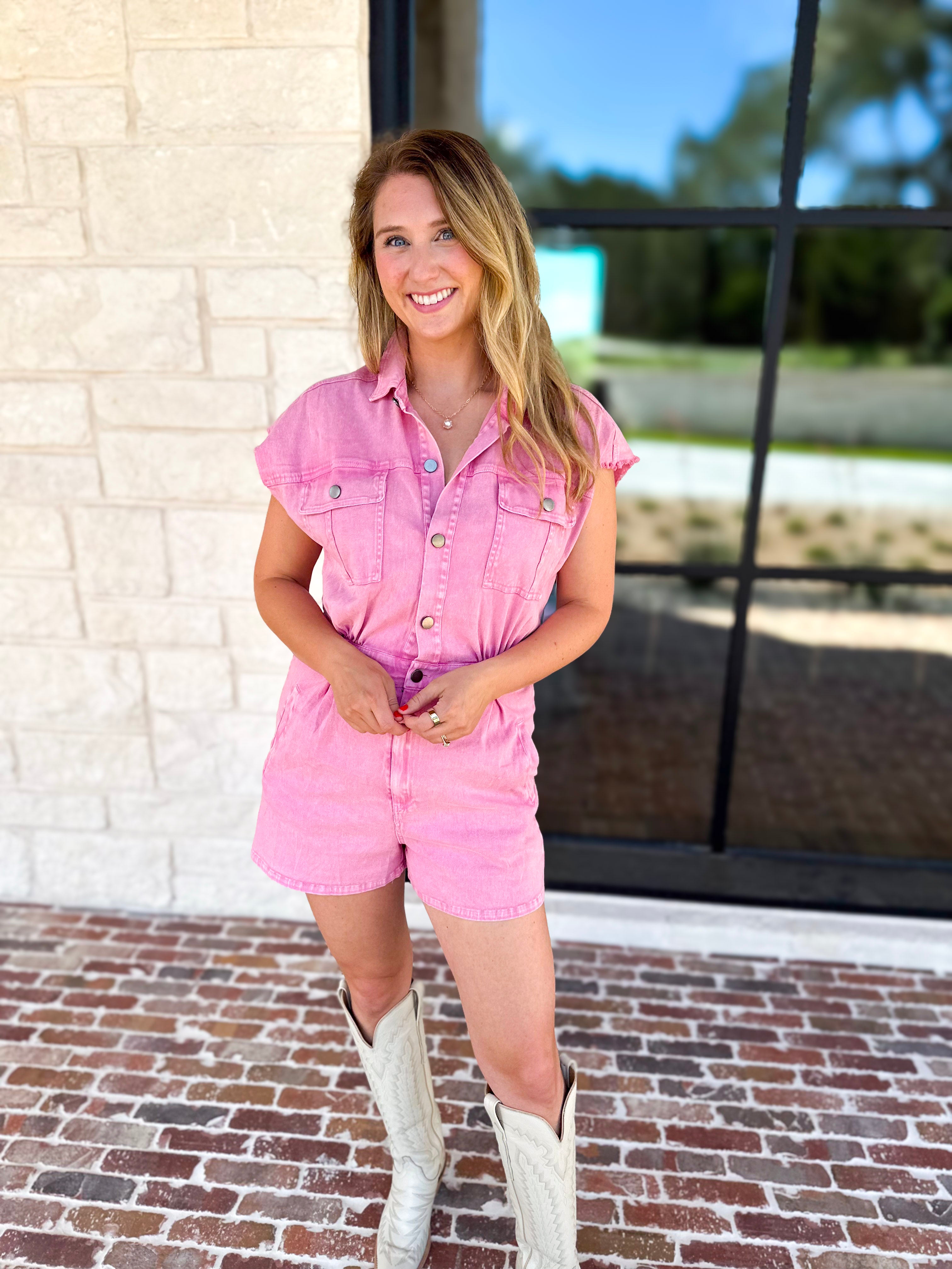 Casual Cool Utility Romper - Pink-510 Mini-FATE-July & June Women's Fashion Boutique Located in San Antonio, Texas