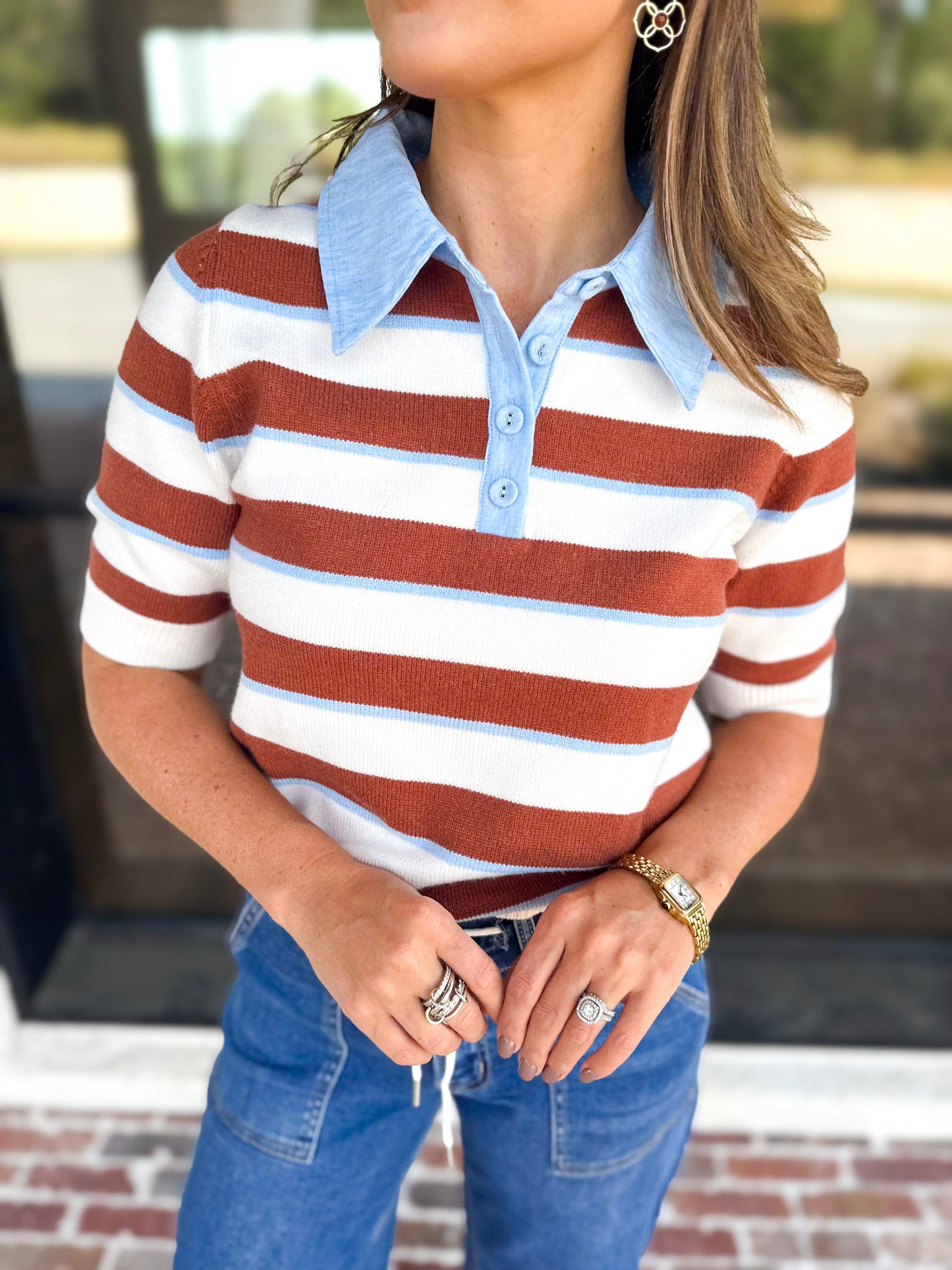 THML- Espresso & Sky Striped Knit Top-230 Sweaters/Cardis-THML-July & June Women's Fashion Boutique Located in San Antonio, Texas