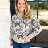 Current Air - Barley & Blue Floral Half Zip Sweater-230 Sweaters/Cardis-CURRENT AIR CLOTHING-July & June Women's Fashion Boutique Located in San Antonio, Texas
