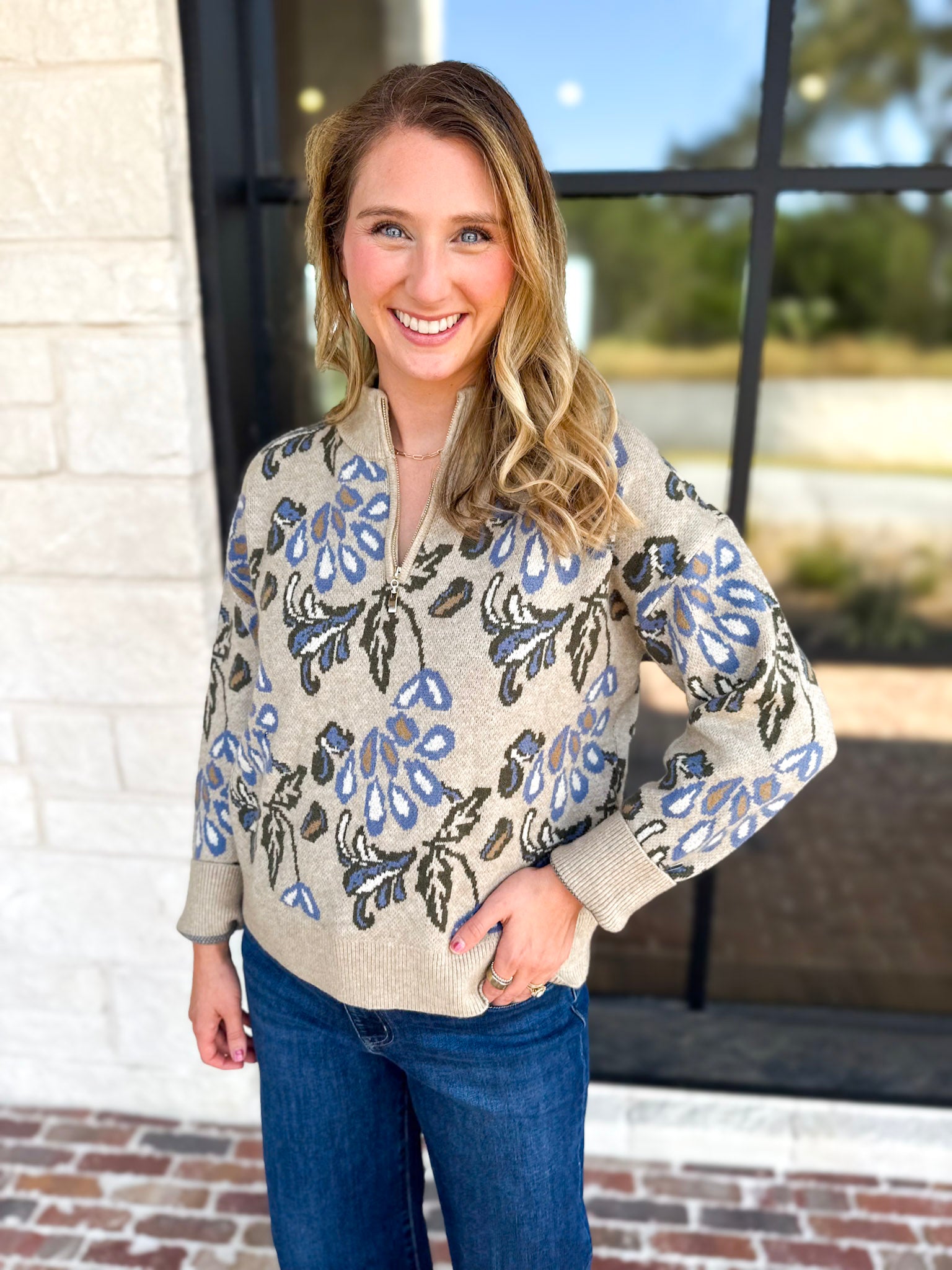Current Air - Barley & Blue Floral Half Zip Sweater-230 Sweaters/Cardis-CURRENT AIR CLOTHING-July & June Women's Fashion Boutique Located in San Antonio, Texas