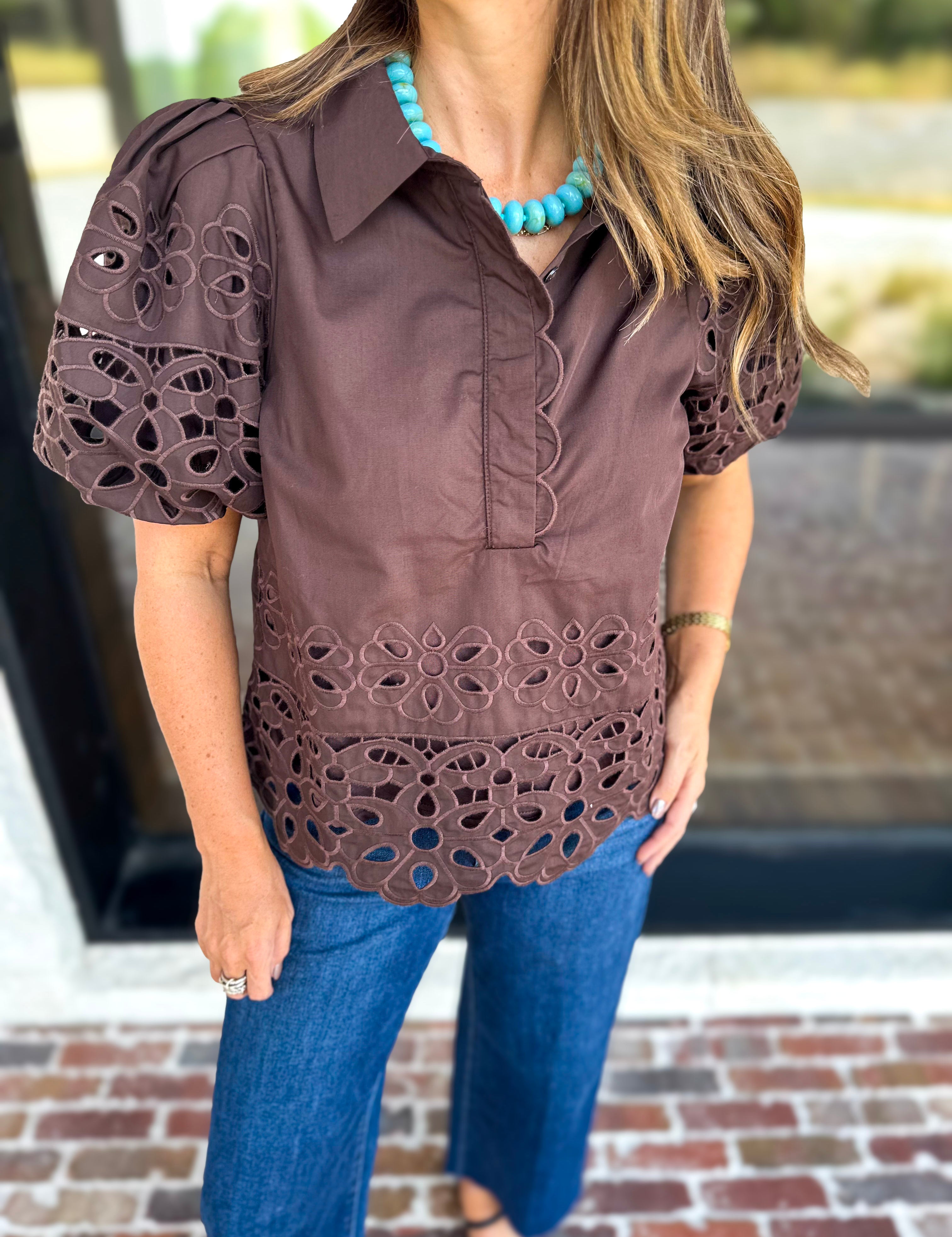 Refined Eyelet Blouse - Dark Chocolate-200 Fashion Blouses-ENTRO-July & June Women's Fashion Boutique Located in San Antonio, Texas