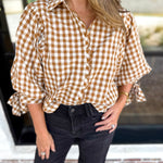 Gingham Scalloped Blouse - Camel-200 Fashion Blouses-ENTRO-July & June Women's Fashion Boutique Located in San Antonio, Texas