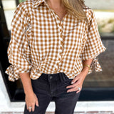 Gingham Scalloped Blouse - Camel-200 Fashion Blouses-ENTRO-July & June Women's Fashion Boutique Located in San Antonio, Texas