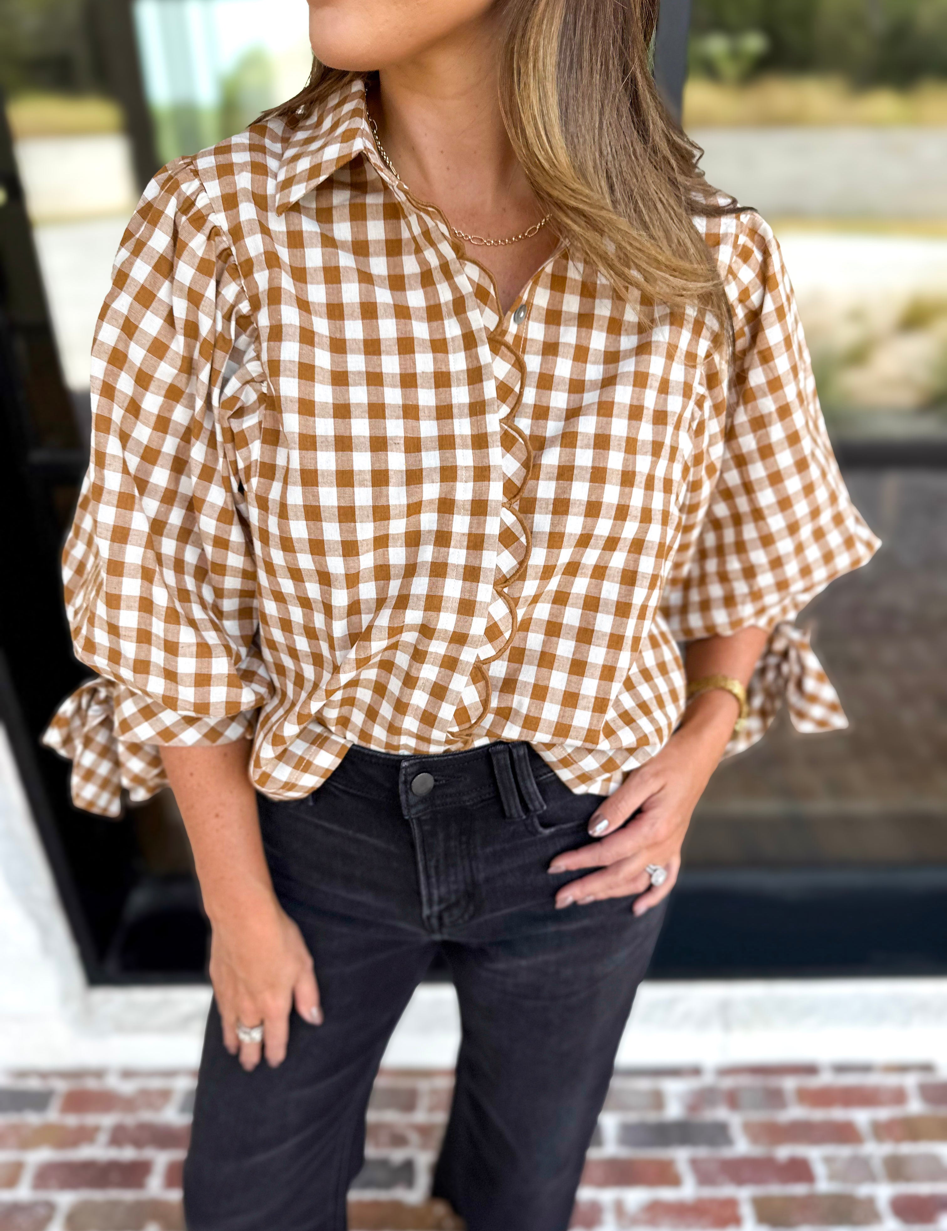 Gingham Scalloped Blouse - Camel-200 Fashion Blouses-ENTRO-July & June Women's Fashion Boutique Located in San Antonio, Texas