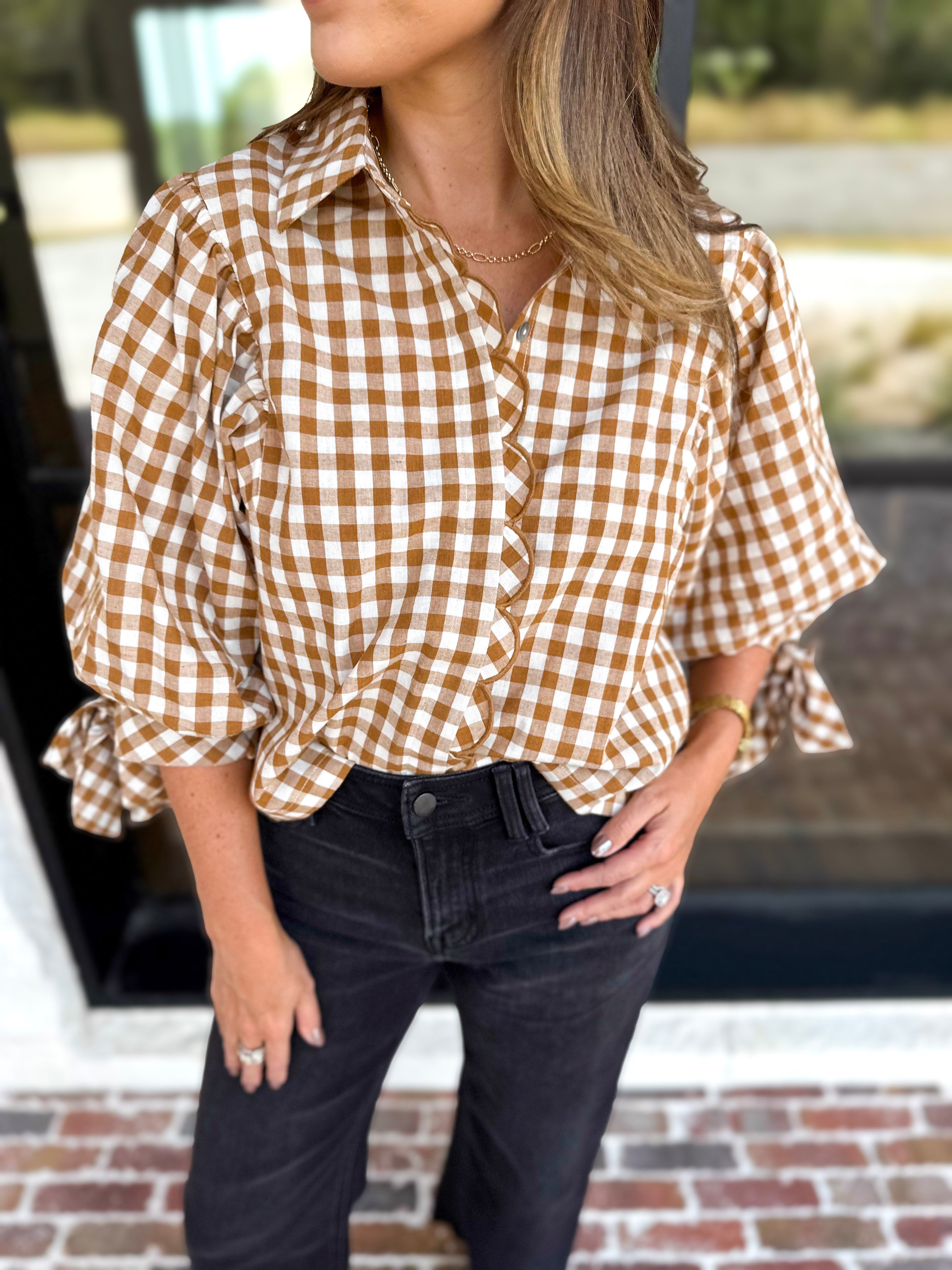 Gingham Scalloped Blouse - Camel-200 Fashion Blouses-ENTRO-July & June Women's Fashion Boutique Located in San Antonio, Texas